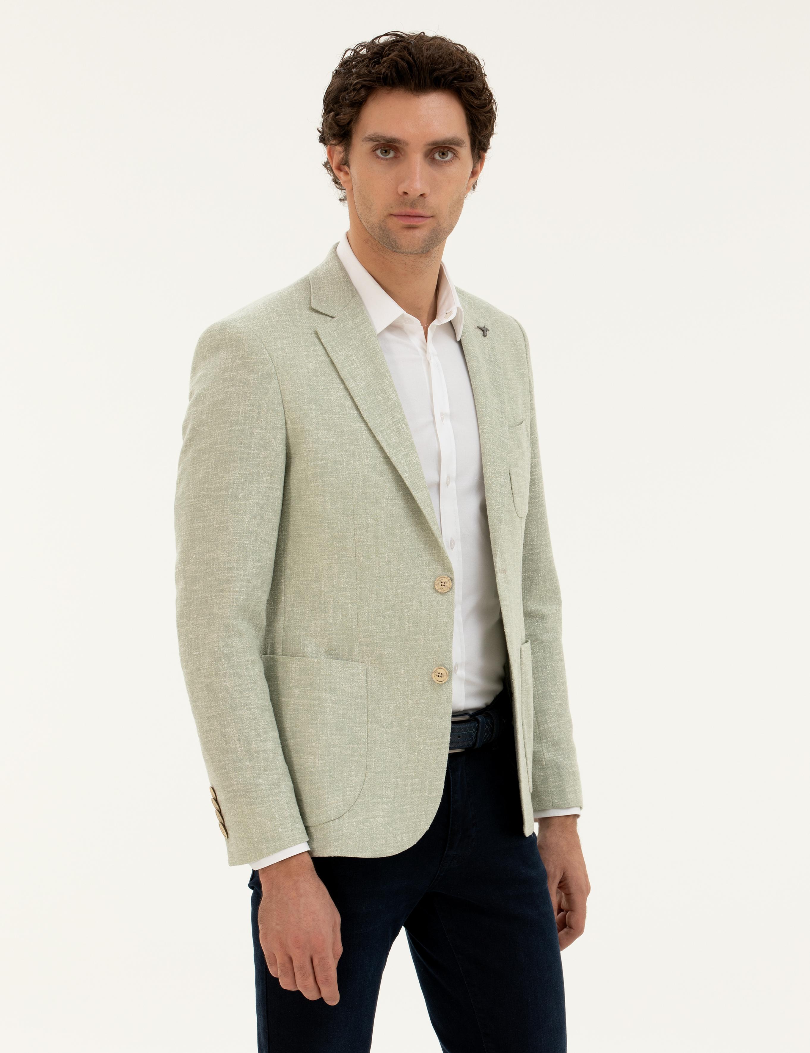Çağla Yeşili Slim Fit Yün İpek Karışımlı Ceket - 50284564056