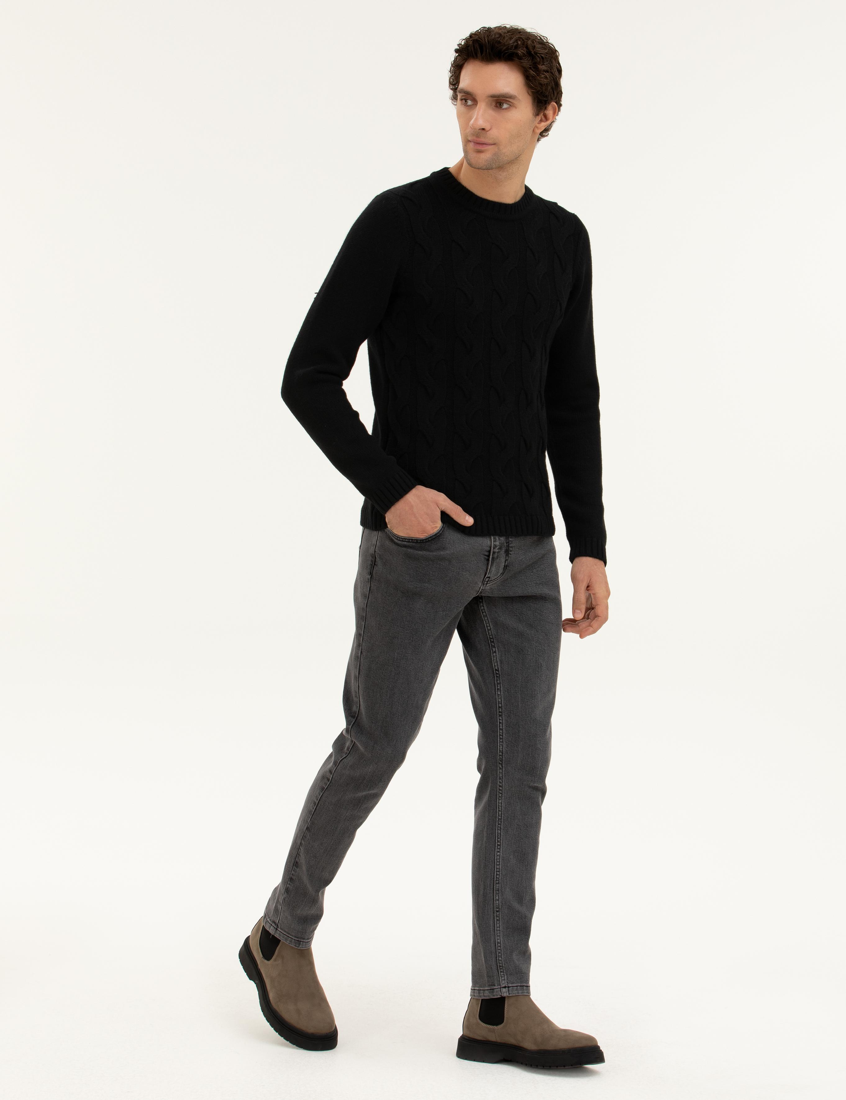 Siyah Regular Fit Yün Karışımlı Bisiklet Yaka Triko Kazak - 50277314013