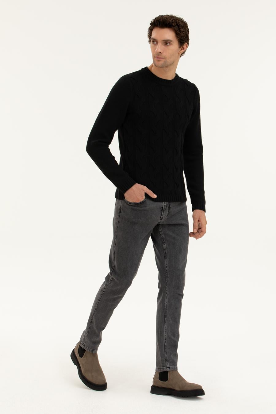 Siyah Regular Fit Yün Karışımlı Bisiklet Yaka Triko Kazak - 50277314013
