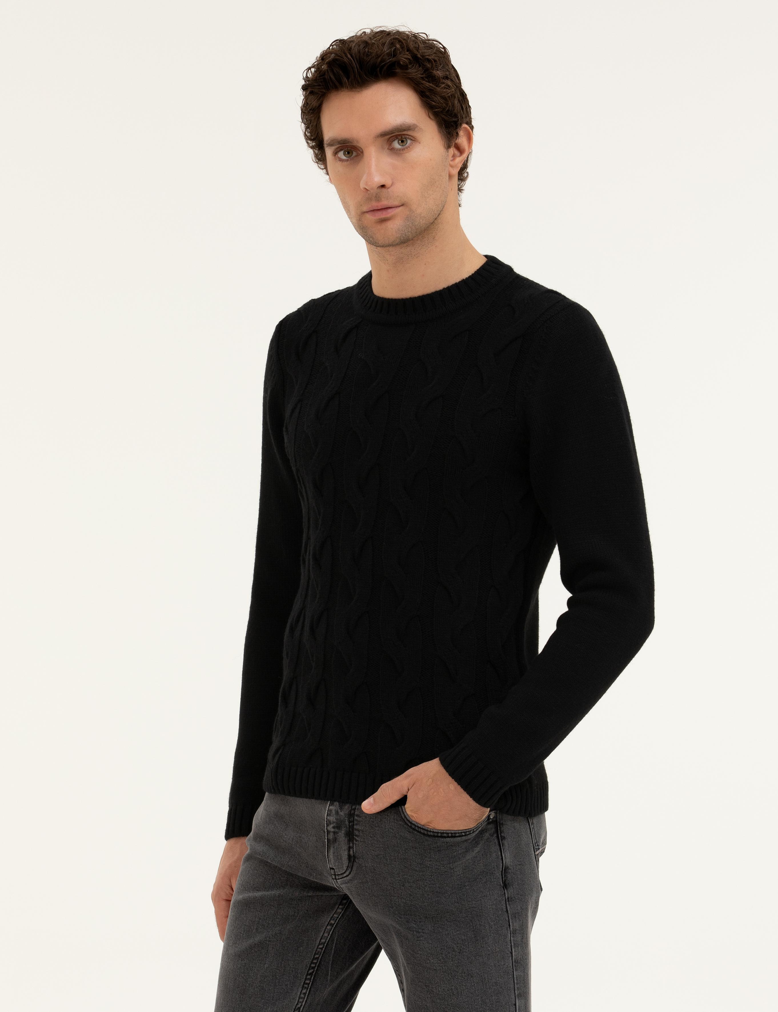 Siyah Regular Fit Yün Karışımlı Bisiklet Yaka Triko Kazak - 50277314013