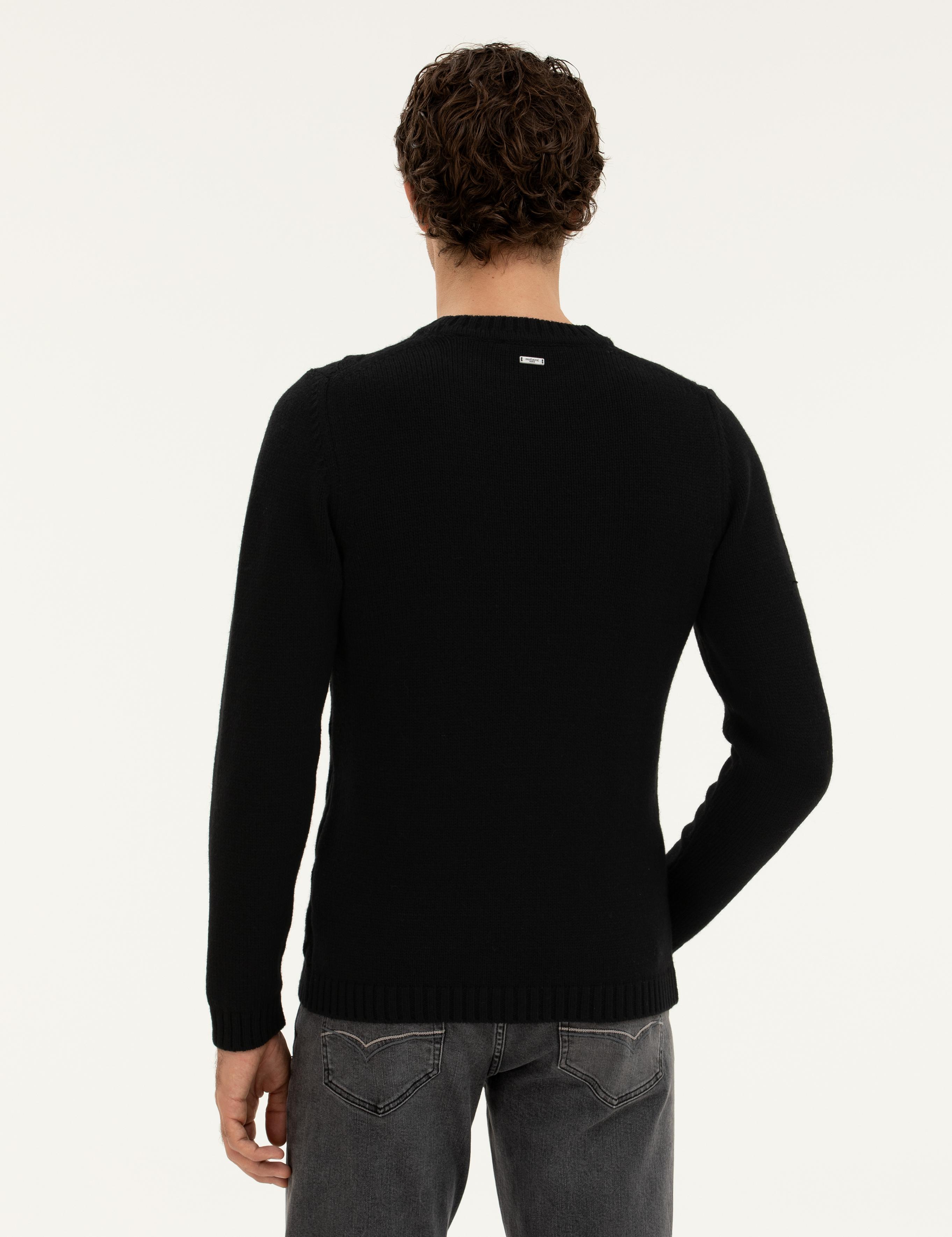 Siyah Regular Fit Yün Karışımlı Bisiklet Yaka Triko Kazak - 50277314013