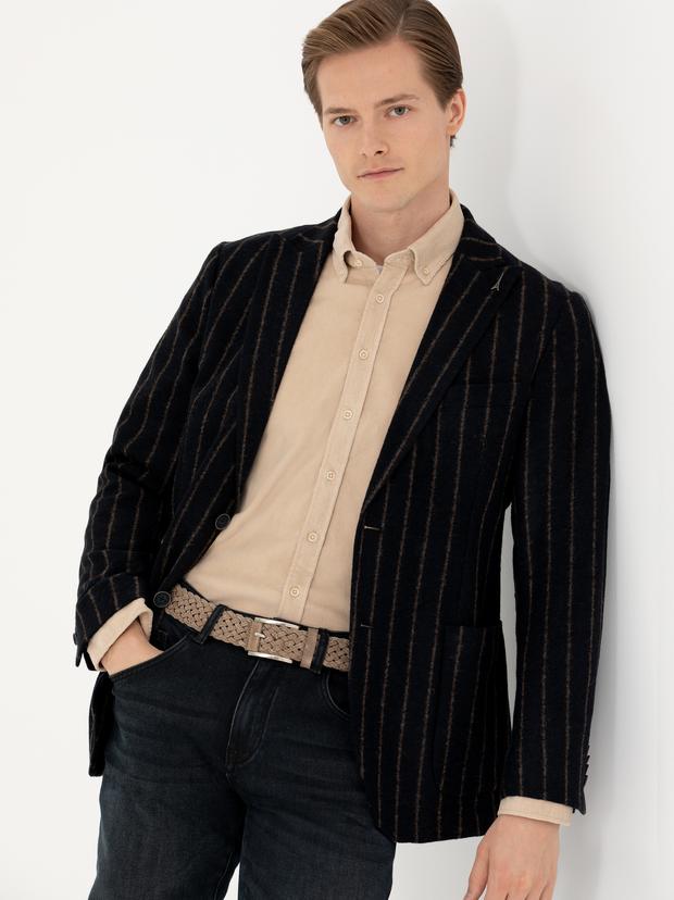 Lacivert Slim Fit Yün Karışımlı Klasik Ceket