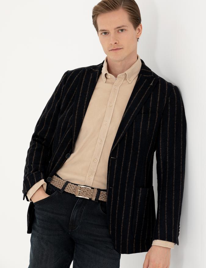 Lacivert Slim Fit Yün Karışımlı Klasik Ceket