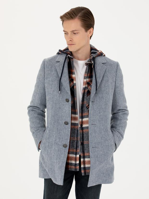 İndigo Yün Karışımlı Ex. Slim Fit Kaşe Kaban