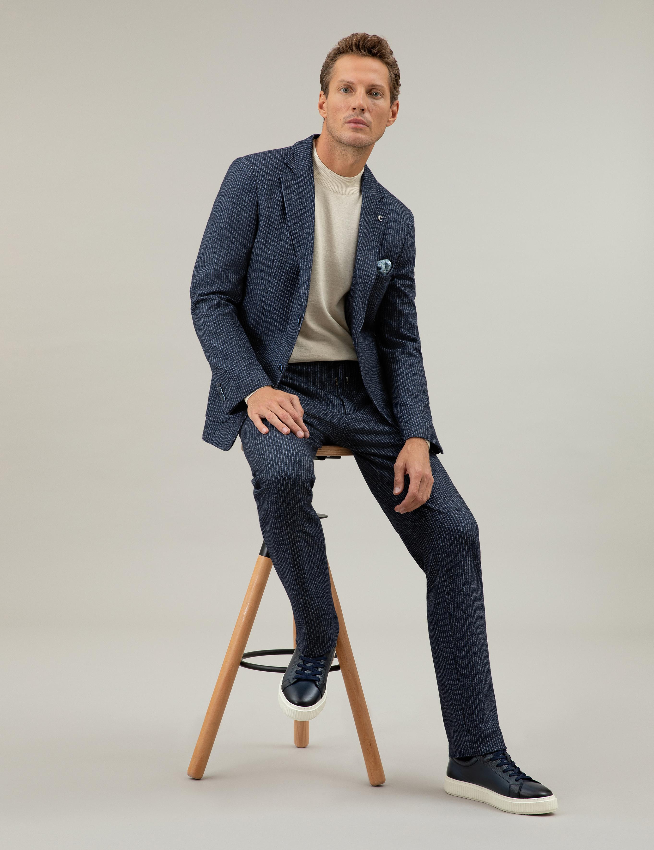 Lacivert Ekstra Slim Fit Yün Kaşmir Karışımlı Beli Bağcıklı Çizgili Kumaş Pantol - 50272672028