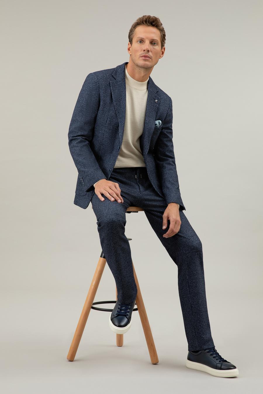 Lacivert Ekstra Slim Fit Yün Kaşmir Karışımlı Beli Bağcıklı Çizgili Kumaş Pantol - 50272672028