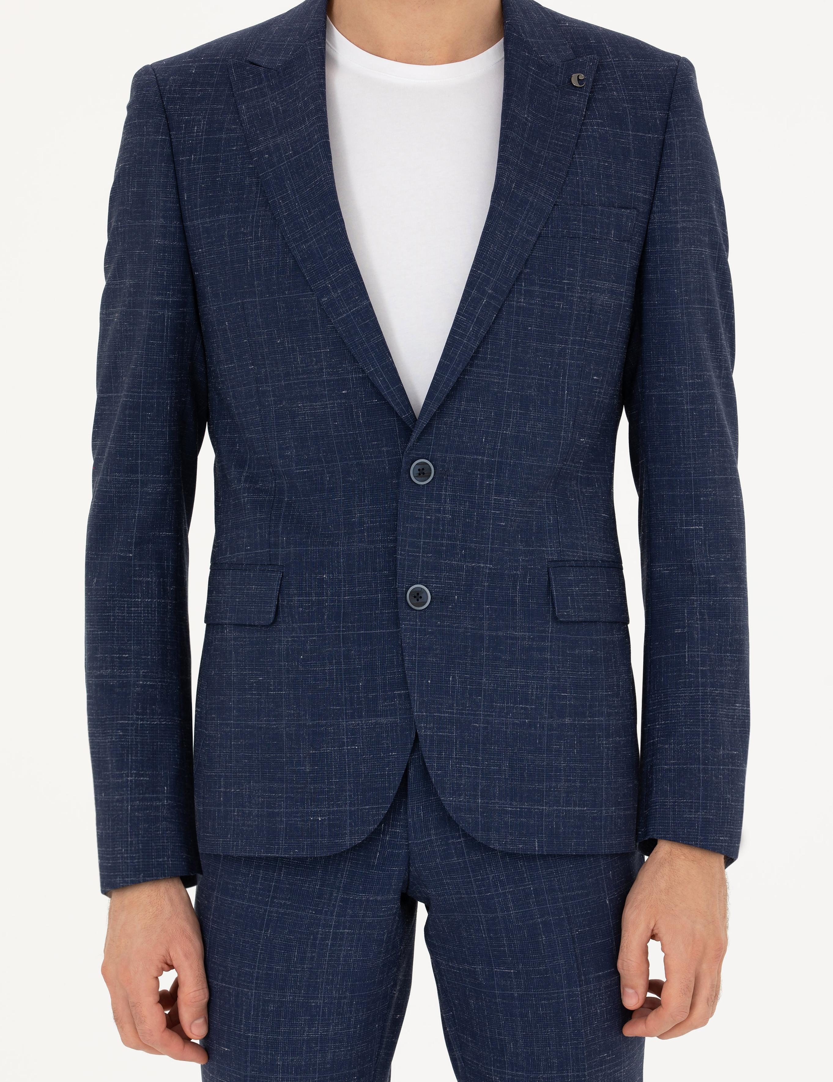 Lacivert Slim Fit Yün Keten Karışımlı Takım Elbise - 50284845011