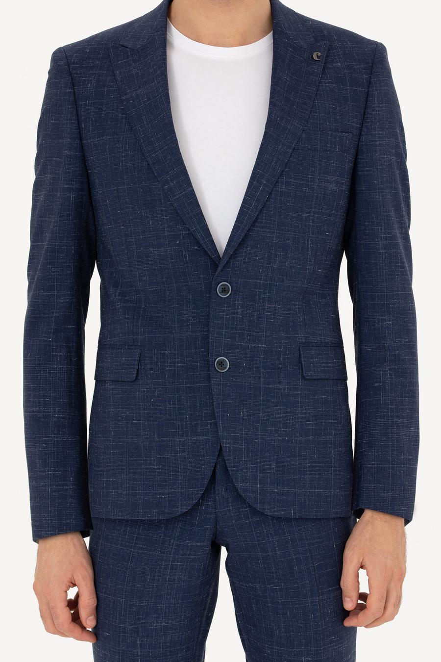Lacivert Slim Fit Yün Keten Karışımlı Takım Elbise - 50284845011