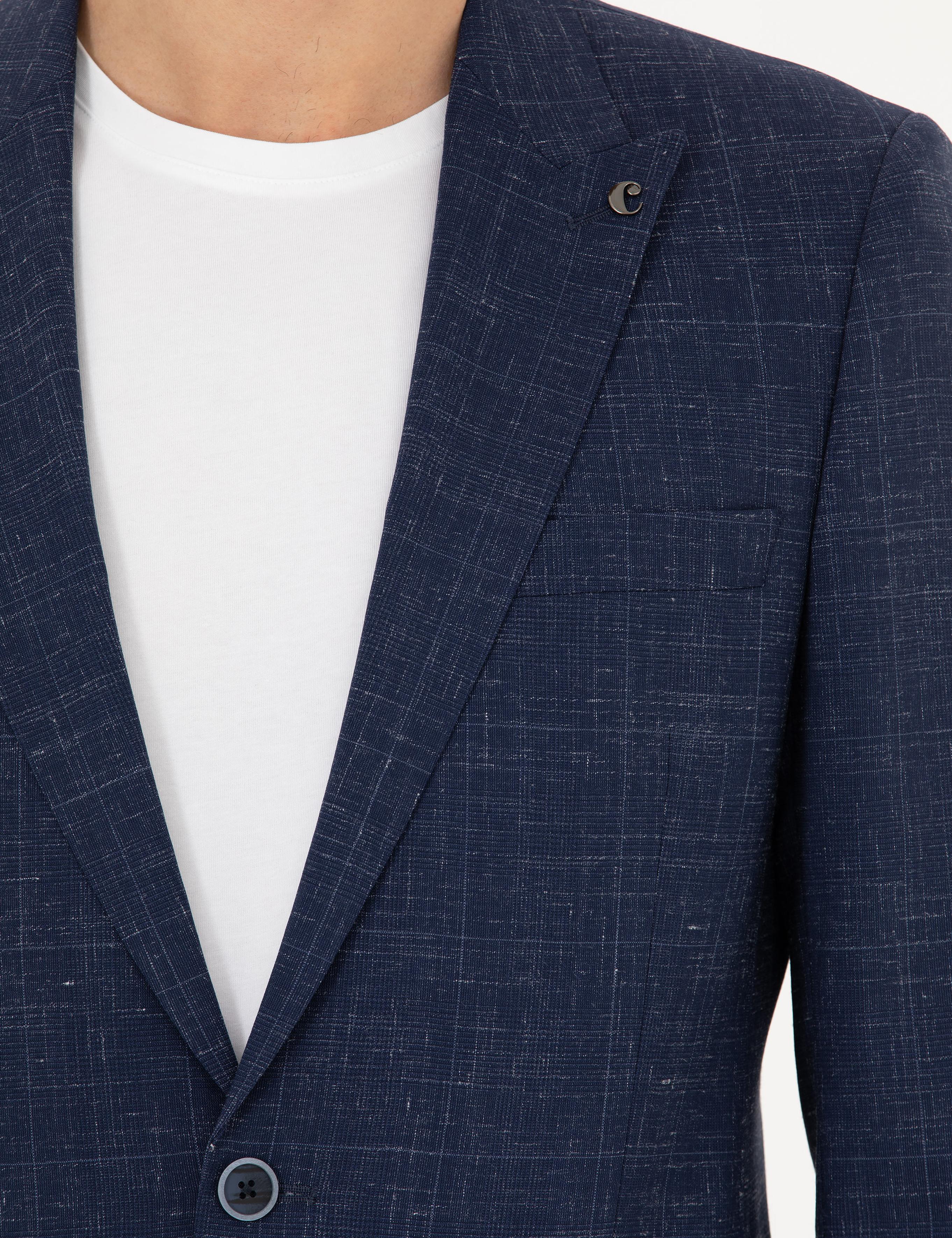 Lacivert Slim Fit Yün Keten Karışımlı Takım Elbise - 50284845011