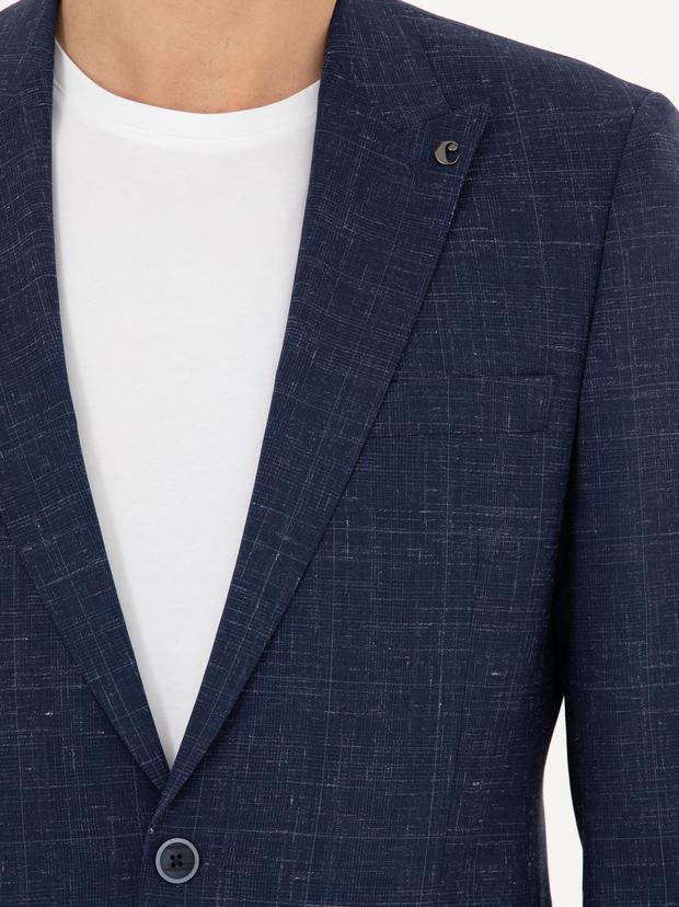 Lacivert Slim Fit Yün Keten Karışımlı Takım Elbise