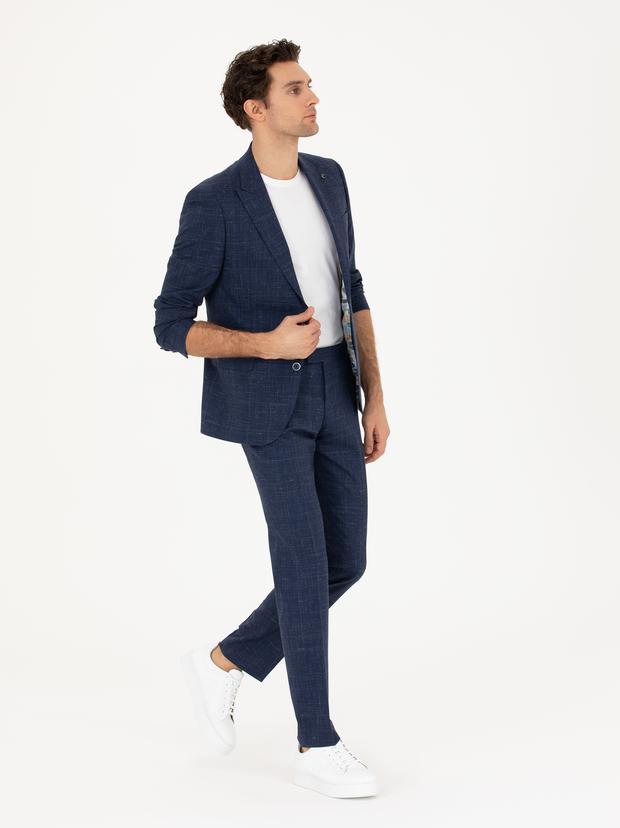 Lacivert Slim Fit Yün Keten Karışımlı Takım Elbise