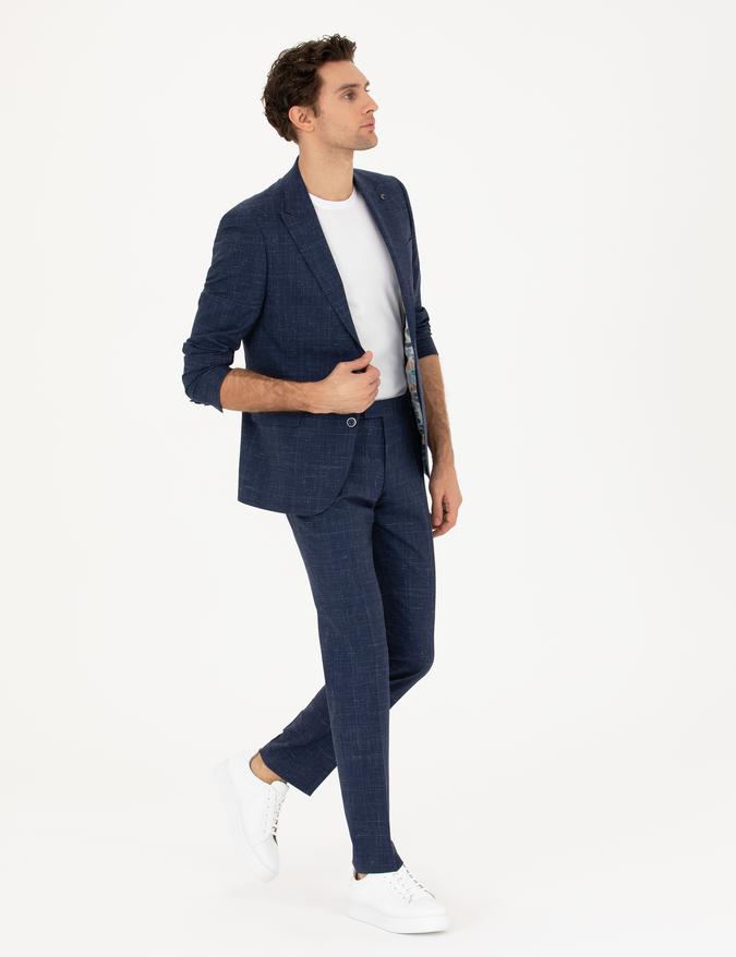 Lacivert Slim Fit Yün Keten Karışımlı Takım Elbise
