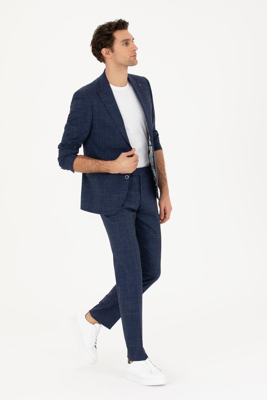Lacivert Slim Fit Yün Keten Karışımlı Takım Elbise - 50284845011