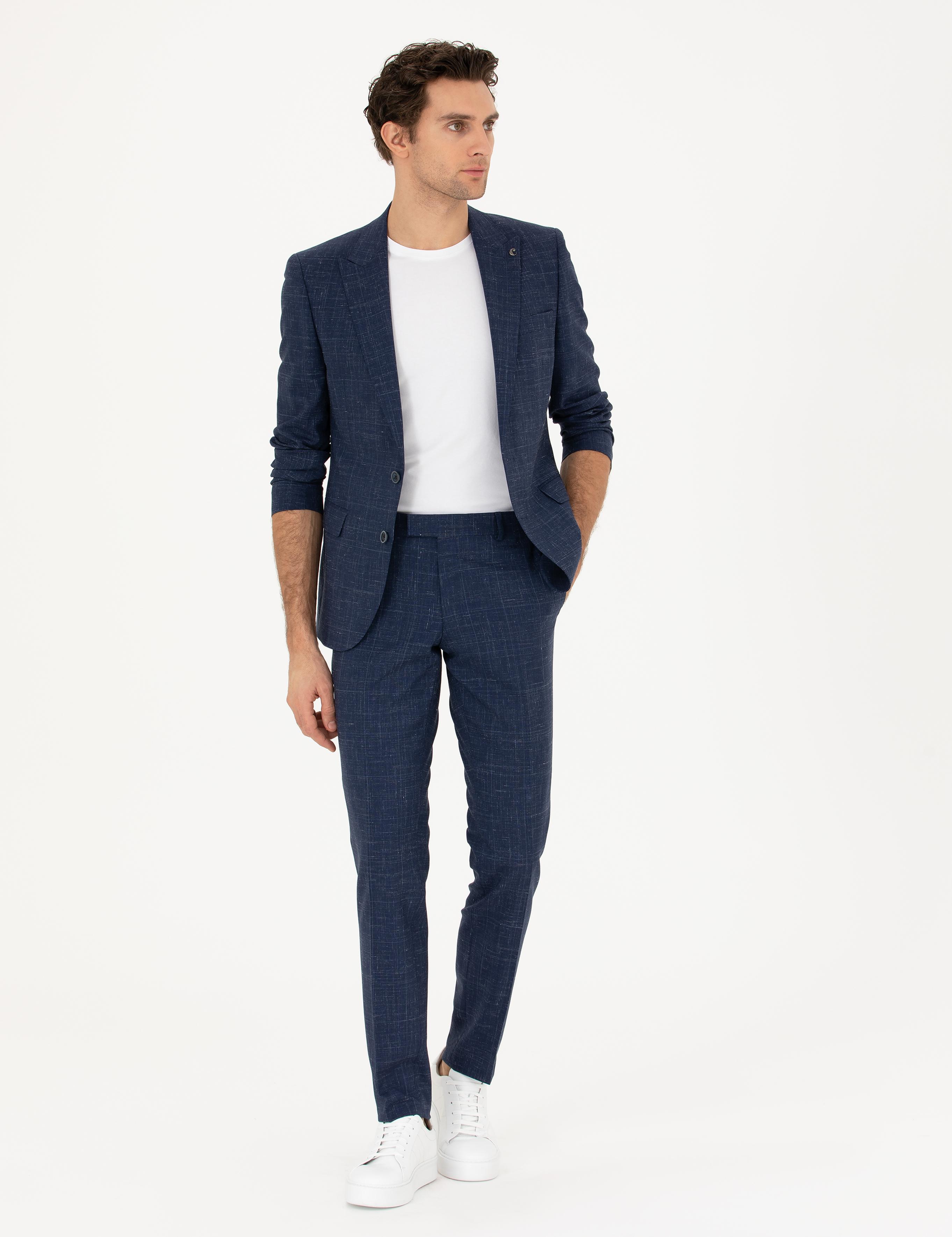 Lacivert Slim Fit Yün Keten Karışımlı Takım Elbise - 50284845011