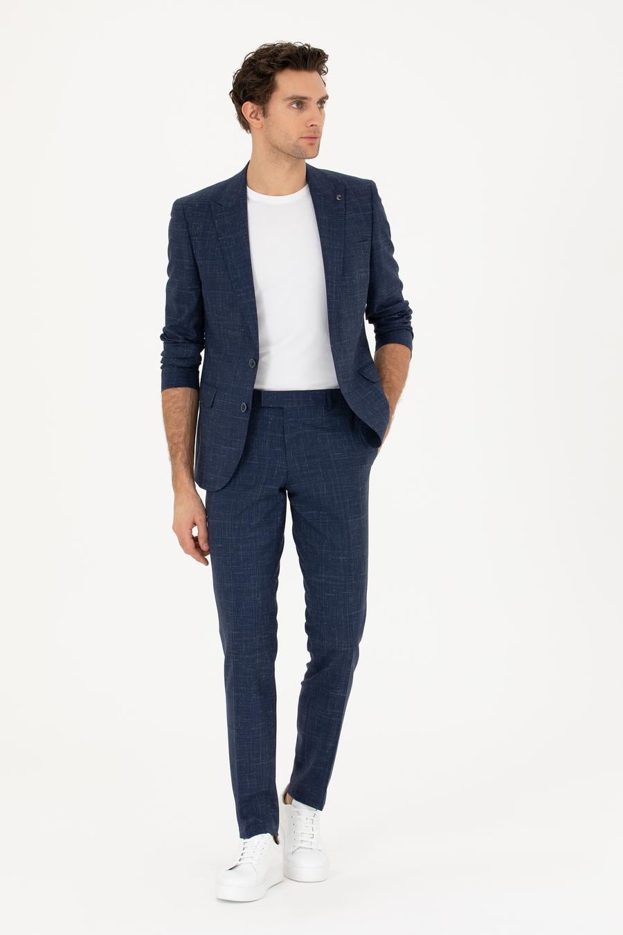 Lacivert Slim Fit Yün Keten Karışımlı Takım Elbise - 50284845011