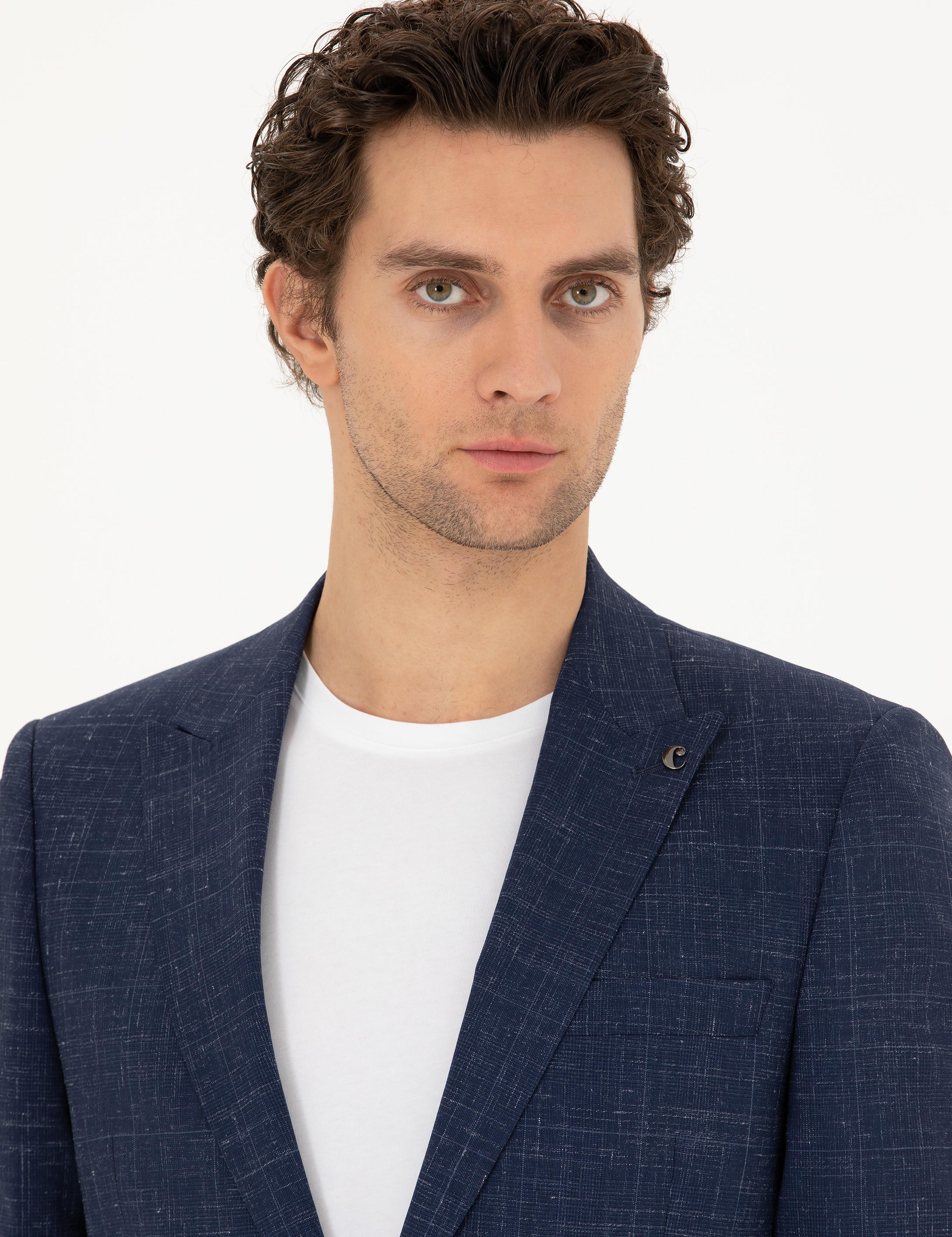 Lacivert Slim Fit Yün Keten Karışımlı Takım Elbise - 50284845011