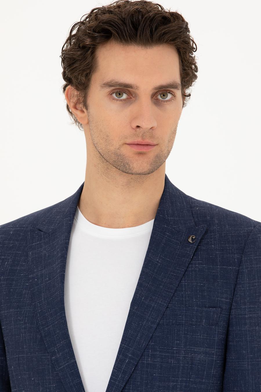 Lacivert Slim Fit Yün Keten Karışımlı Takım Elbise - 50284845011