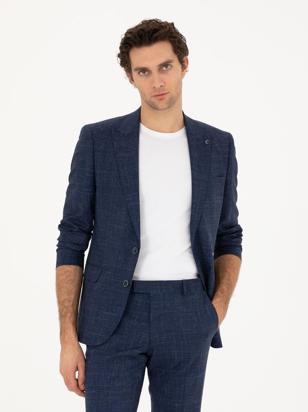 Lacivert Slim Fit Yün Keten Karışımlı Takım Elbise