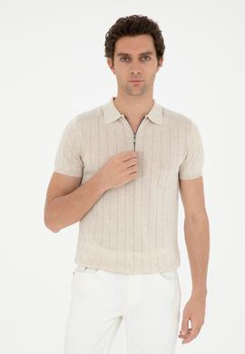 Ekru Slim Fit Keten Karışımlı  Polo Yaka Triko T-Shirt