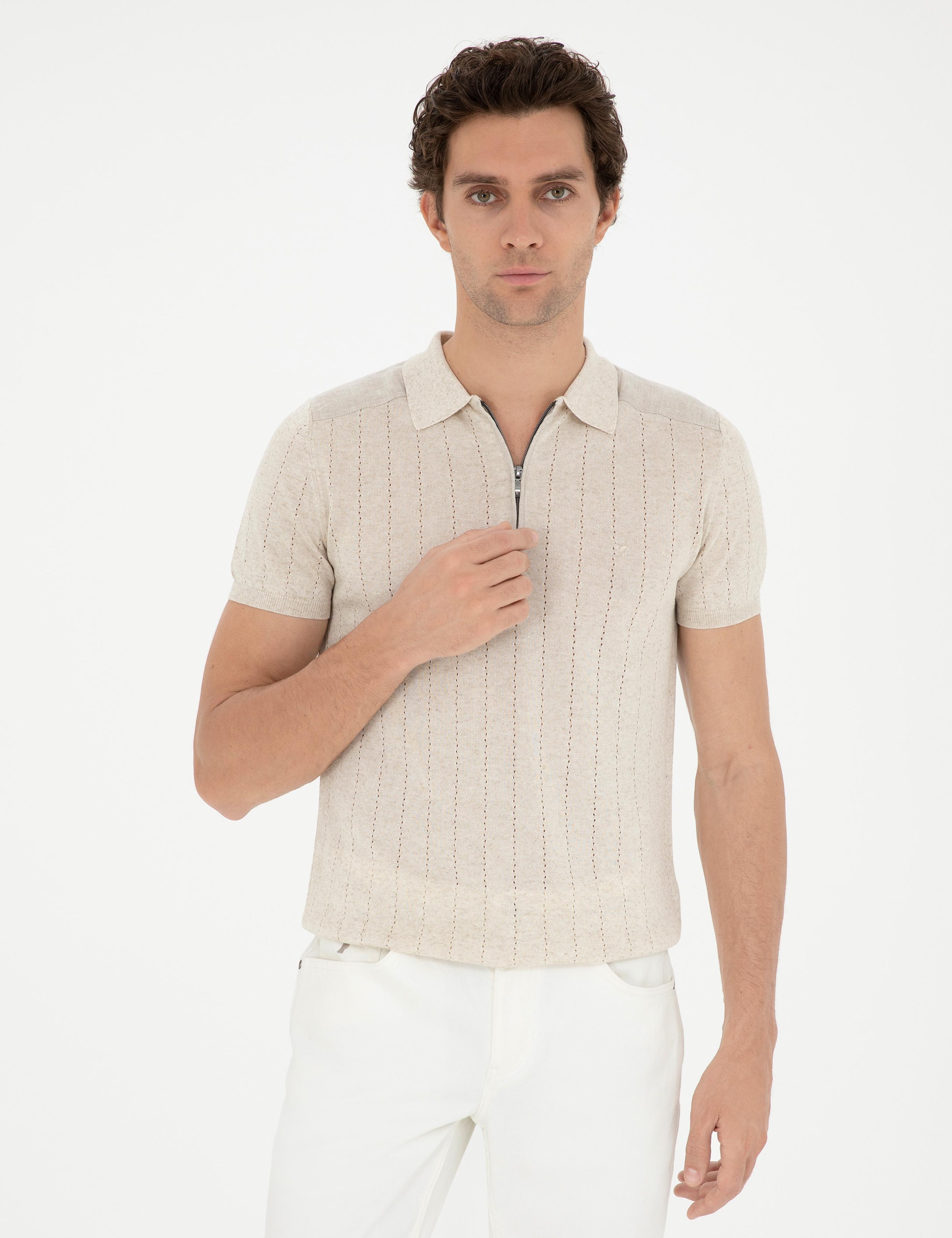 Ekru Slim Fit Keten Karışımlı  Polo Yaka Triko T-Shirt - 50288852033