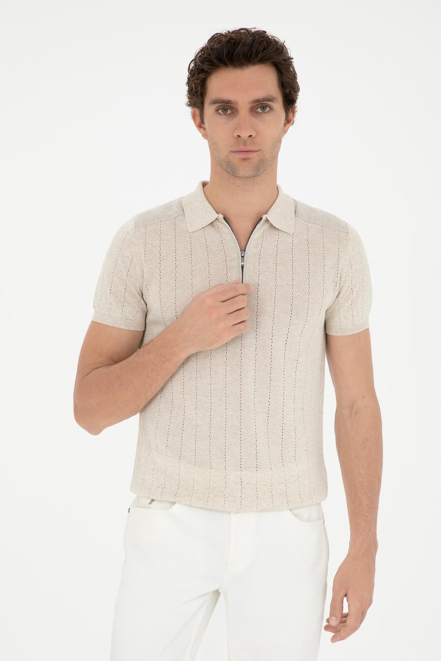 Ekru Slim Fit Keten Karışımlı  Polo Yaka Triko T-Shirt - 50288852033