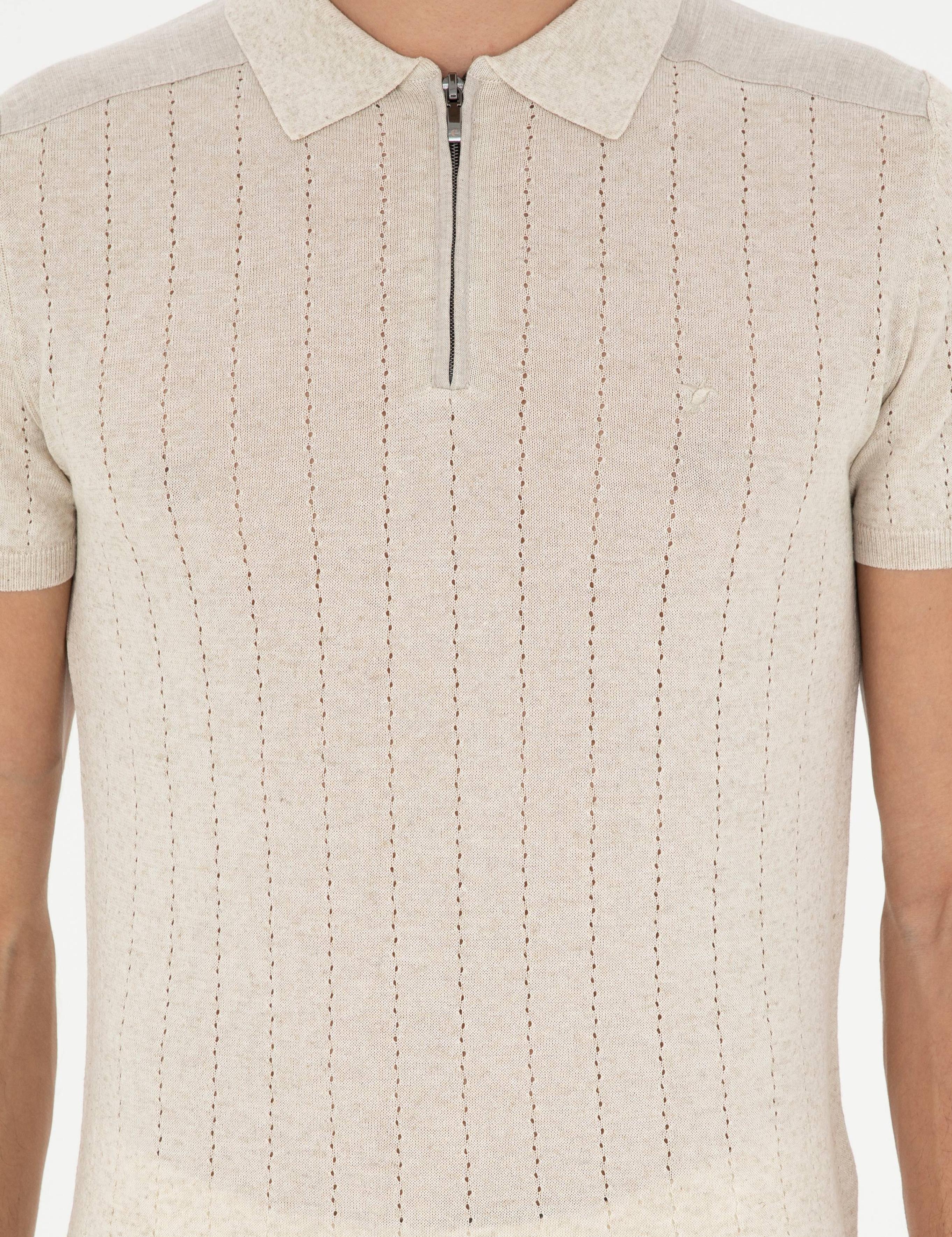 Ekru Slim Fit Keten Karışımlı  Polo Yaka Triko T-Shirt - 50288852033