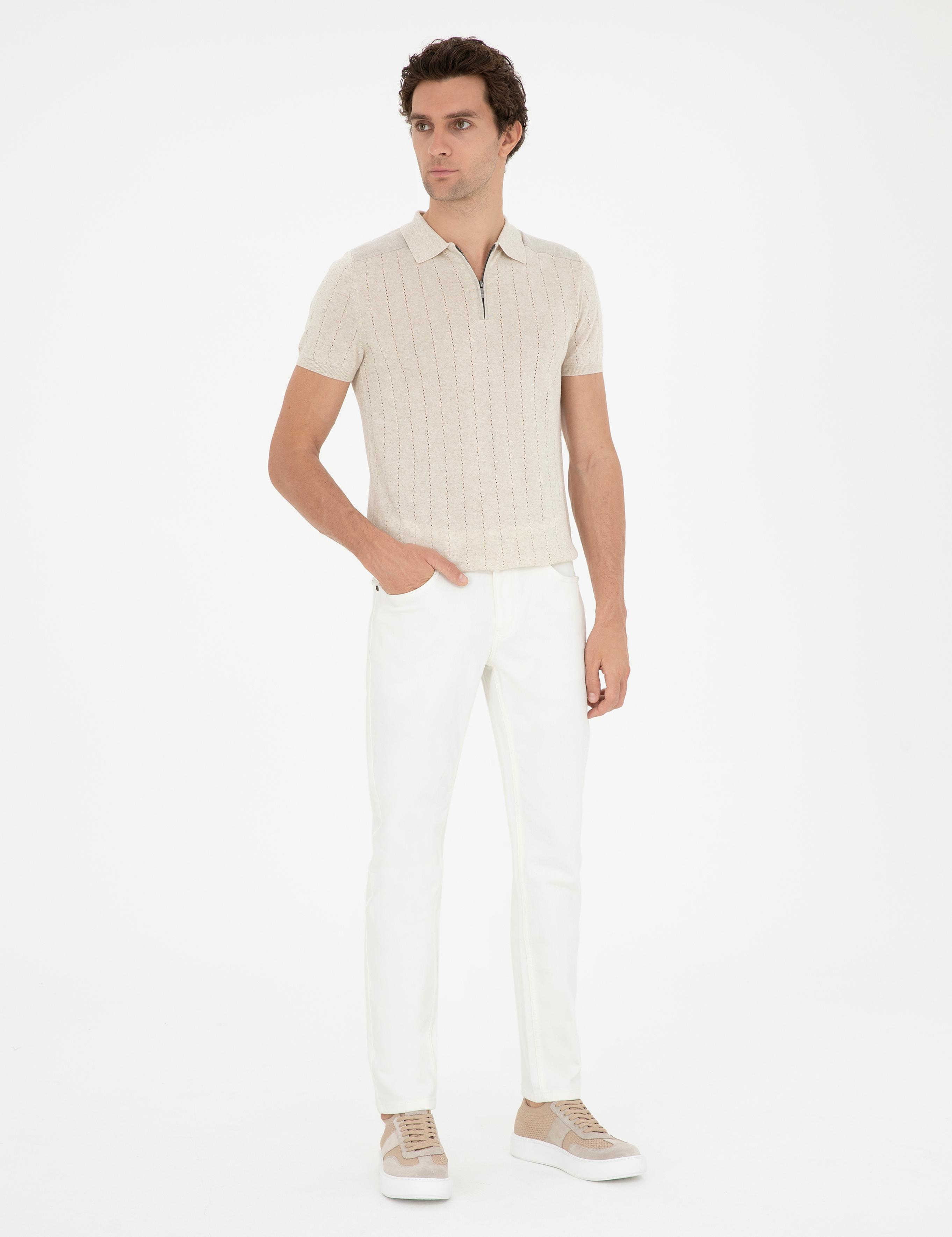 Ekru Slim Fit Keten Karışımlı  Polo Yaka Triko T-Shirt - 50288852033