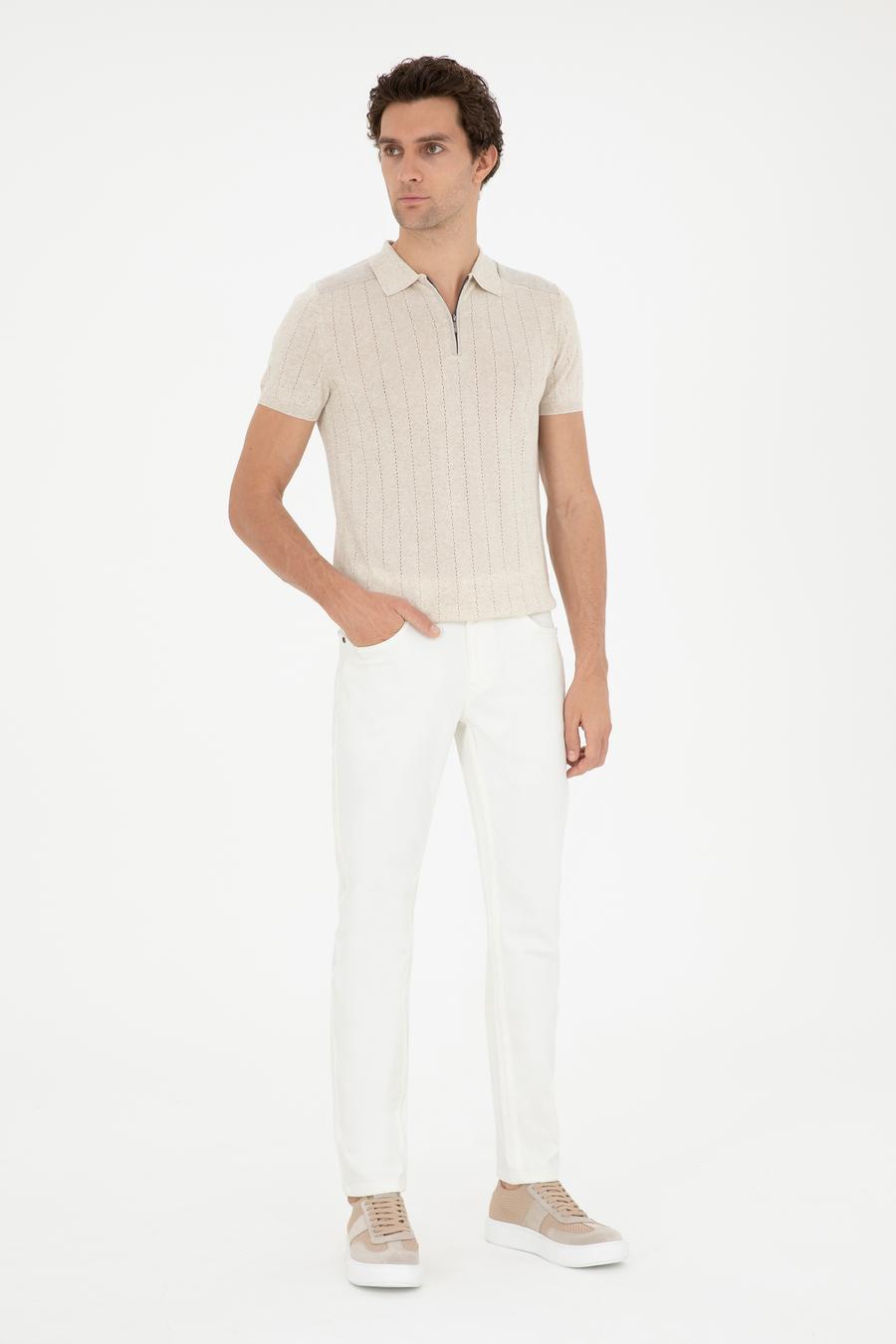Ekru Slim Fit Keten Karışımlı  Polo Yaka Triko T-Shirt - 50288852033