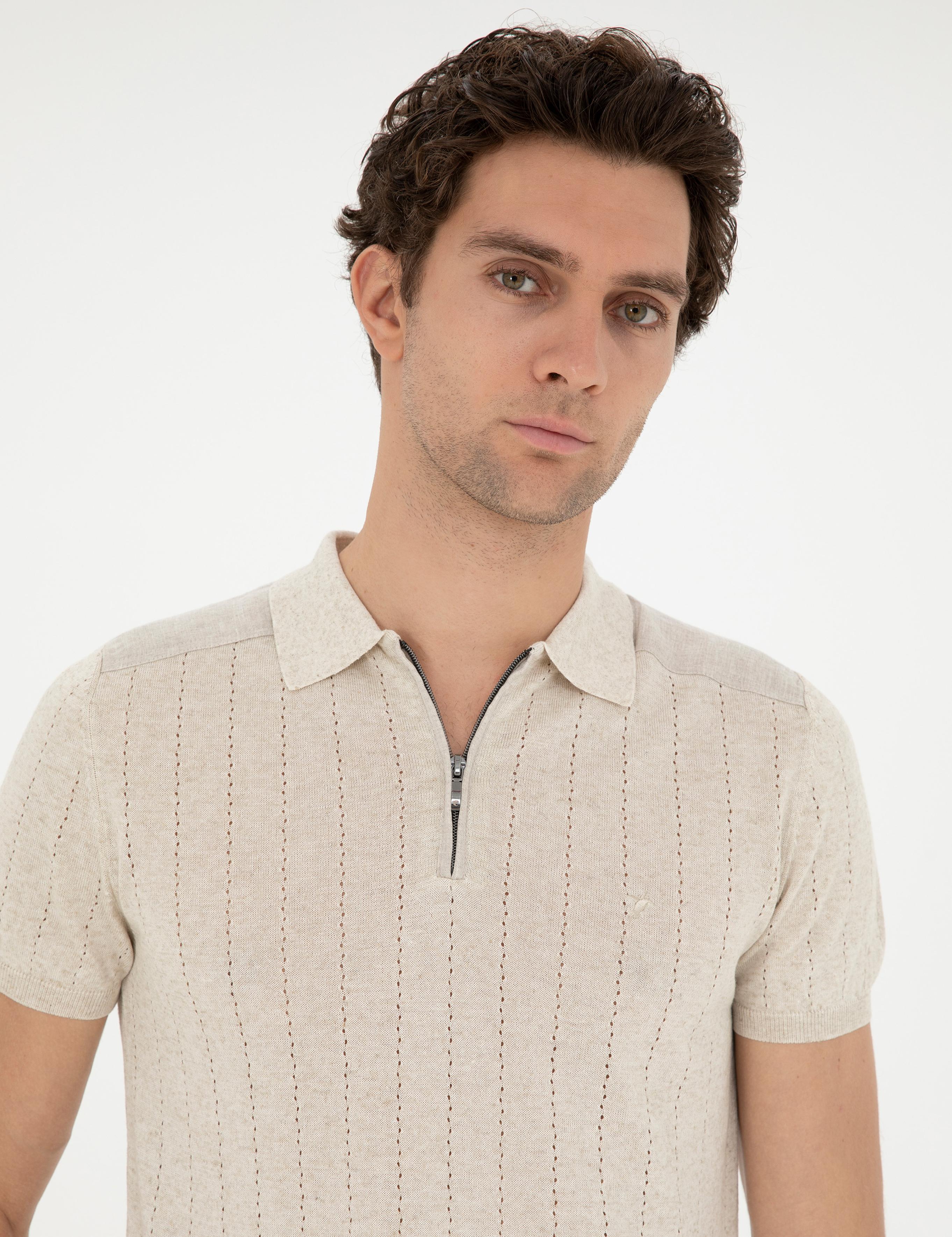 Ekru Slim Fit Keten Karışımlı  Polo Yaka Triko T-Shirt - 50288852033