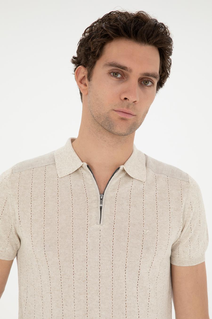 Ekru Slim Fit Keten Karışımlı  Polo Yaka Triko T-Shirt - 50288852033