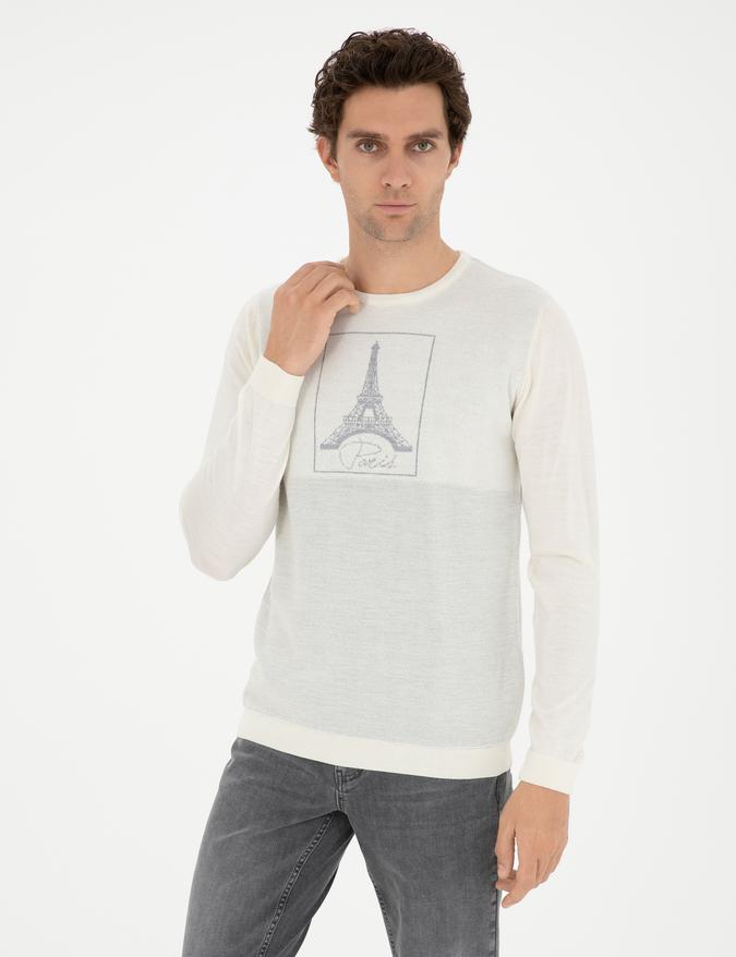 Beyaz Slim Fit Yün Karışımlı Bisiklet Yaka Triko Kazak