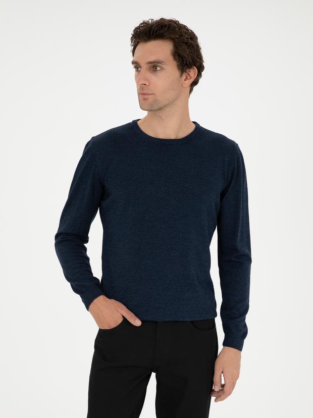 Lacivert Slim Fit Yün Karışımlı Bisiklet Yaka Triko Kazak