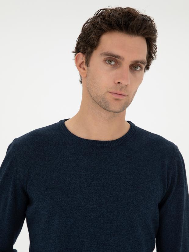 Lacivert Slim Fit Yün Karışımlı Bisiklet Yaka Triko Kazak