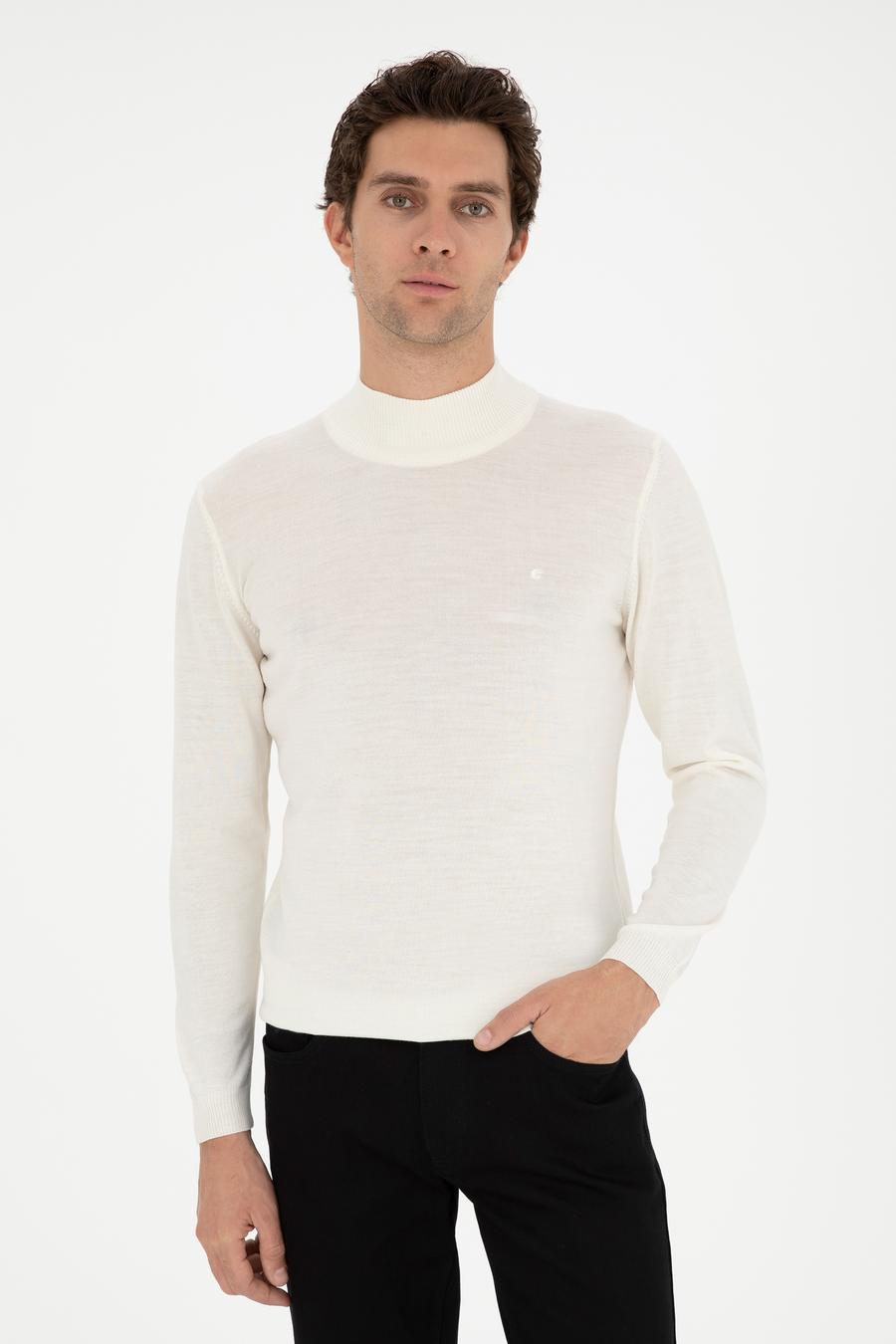 Beyaz Slim Fit Yün Karışımlı Yarım Balıkçı Yaka Basic Triko Kazak - 50270172180