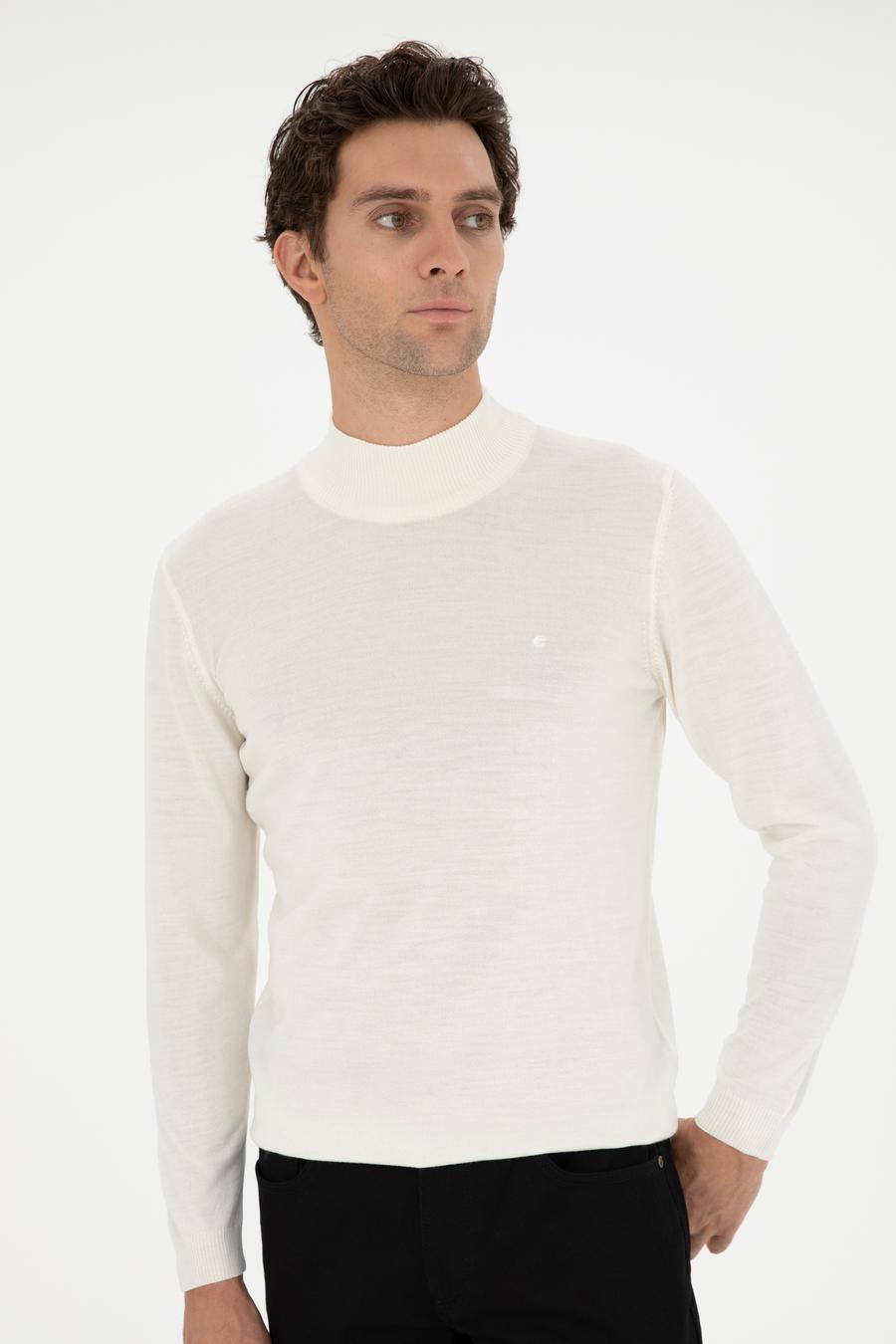 Beyaz Slim Fit Yün Karışımlı Yarım Balıkçı Yaka Basic Triko Kazak - 50270172180