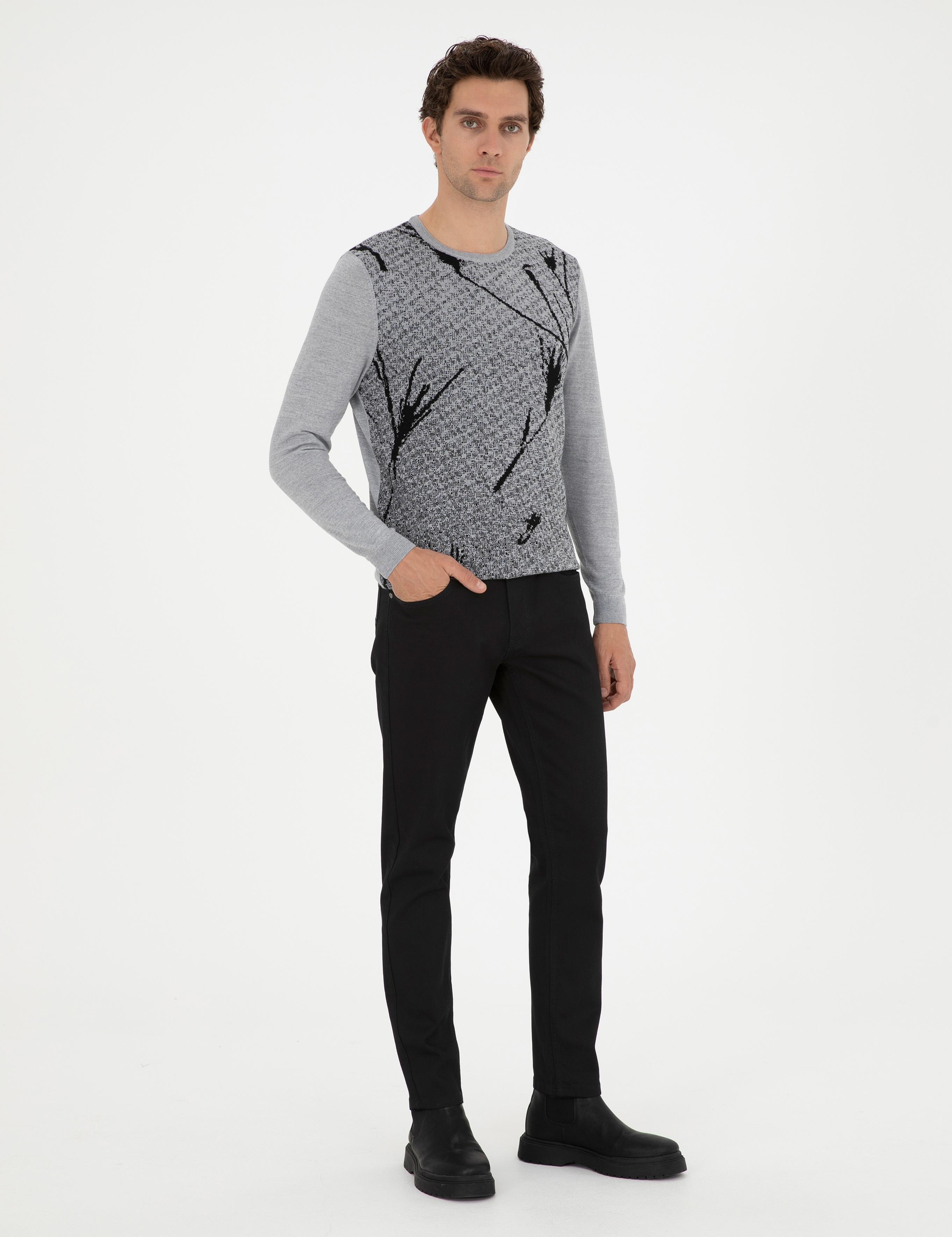 Açık Gri Slim Fit Yün Karışımlı Bisiklet Yaka Triko Kazak - 50271653183