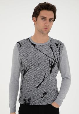 Açık Gri Slim Fit Yün Karışımlı Bisiklet Yaka Triko Kazak