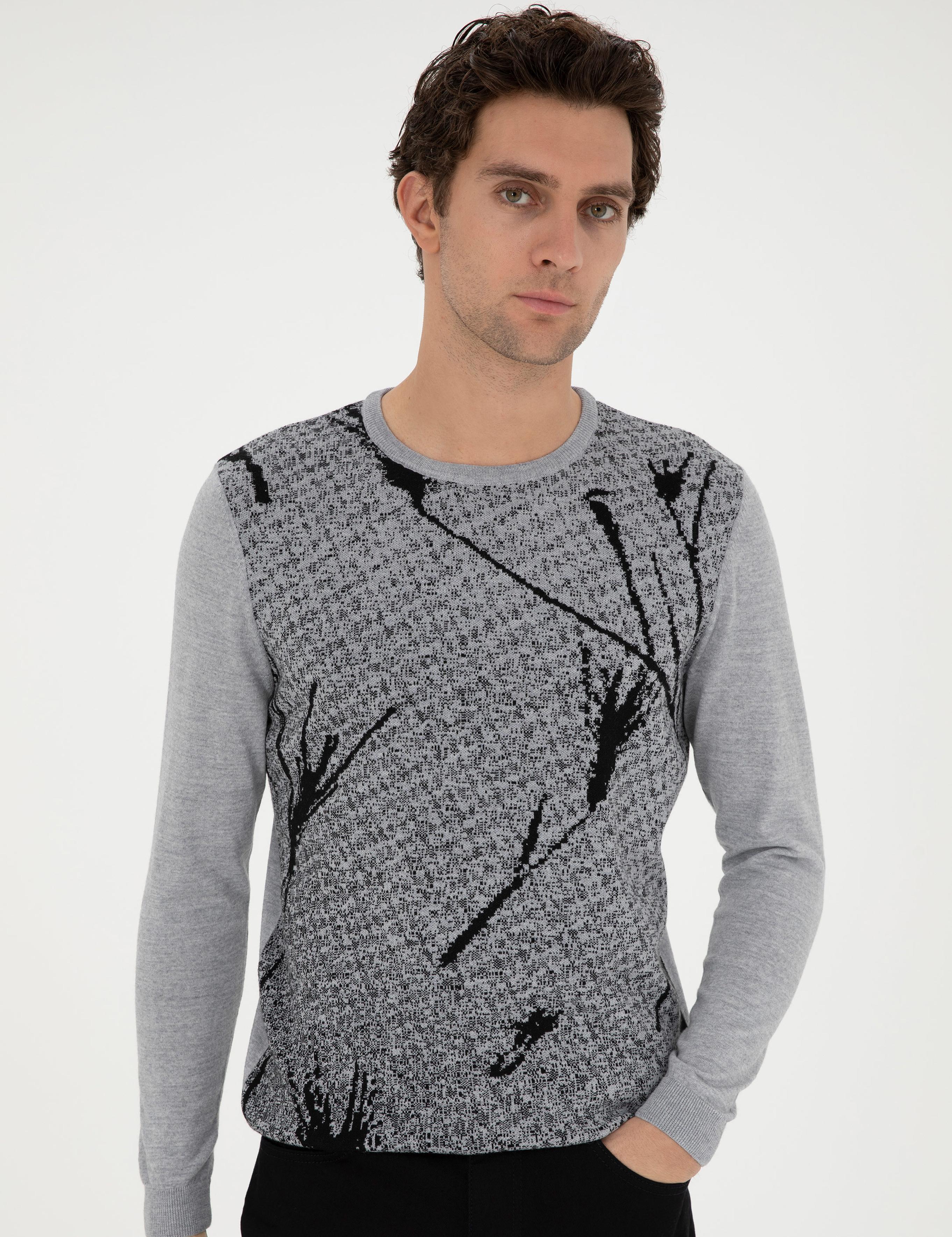 Açık Gri Slim Fit Yün Karışımlı Bisiklet Yaka Triko Kazak - 50271653183