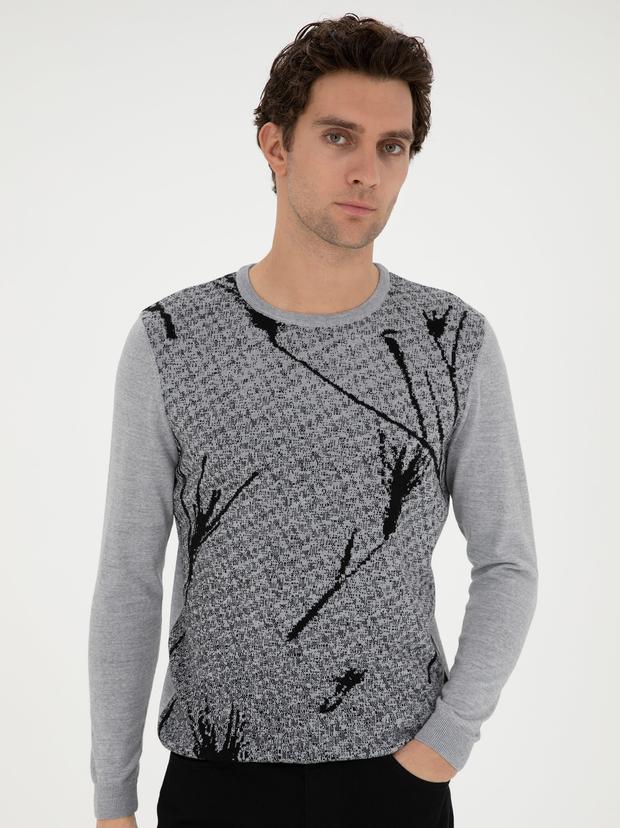 Açık Gri Slim Fit Yün Karışımlı Bisiklet Yaka Triko Kazak