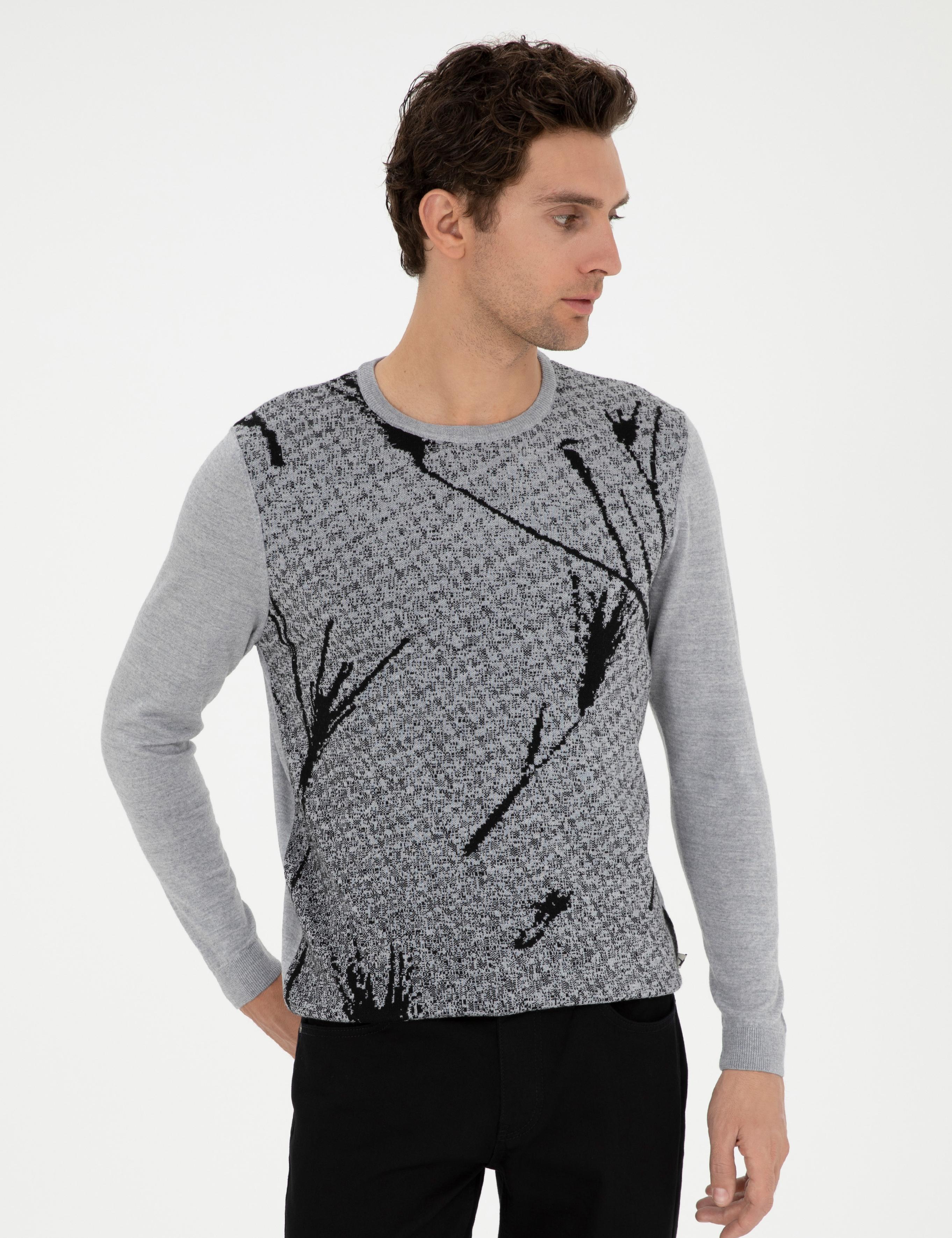 Açık Gri Slim Fit Yün Karışımlı Bisiklet Yaka Triko Kazak - 50271653183