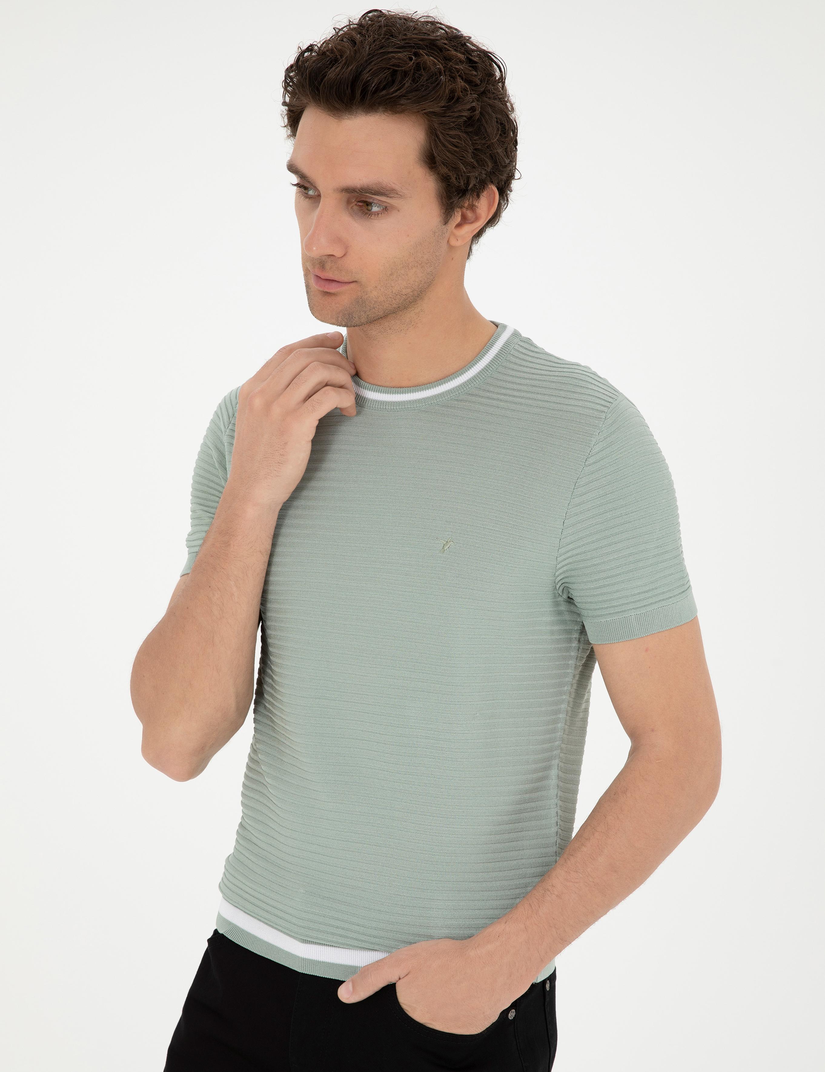 Su Yeşili Slim Fit Bisiklet Yaka Triko T-Shirt - 50285359051