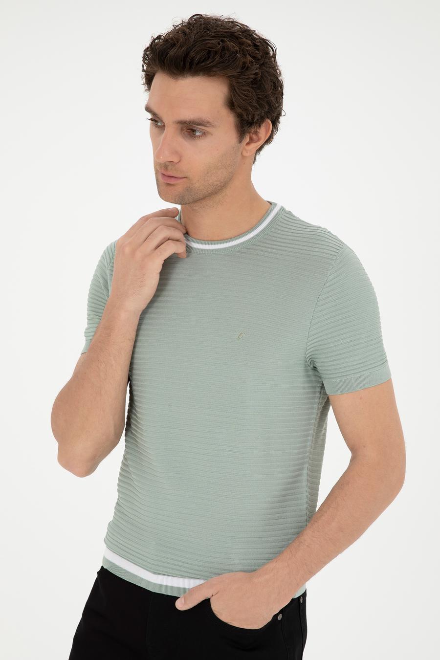 Su Yeşili Slim Fit Bisiklet Yaka Triko T-Shirt - 50285359051