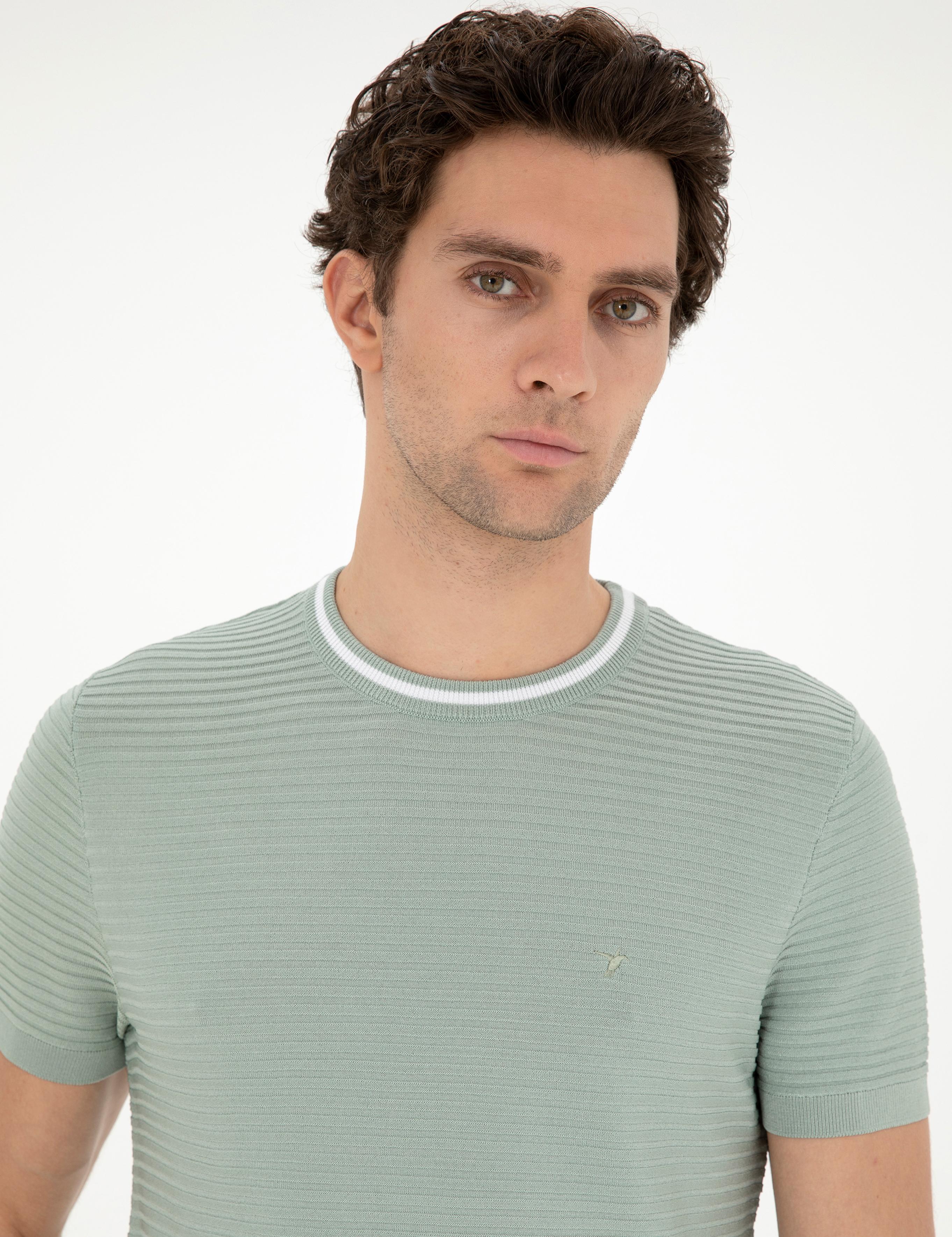 Su Yeşili Slim Fit Bisiklet Yaka Triko T-Shirt - 50285359051