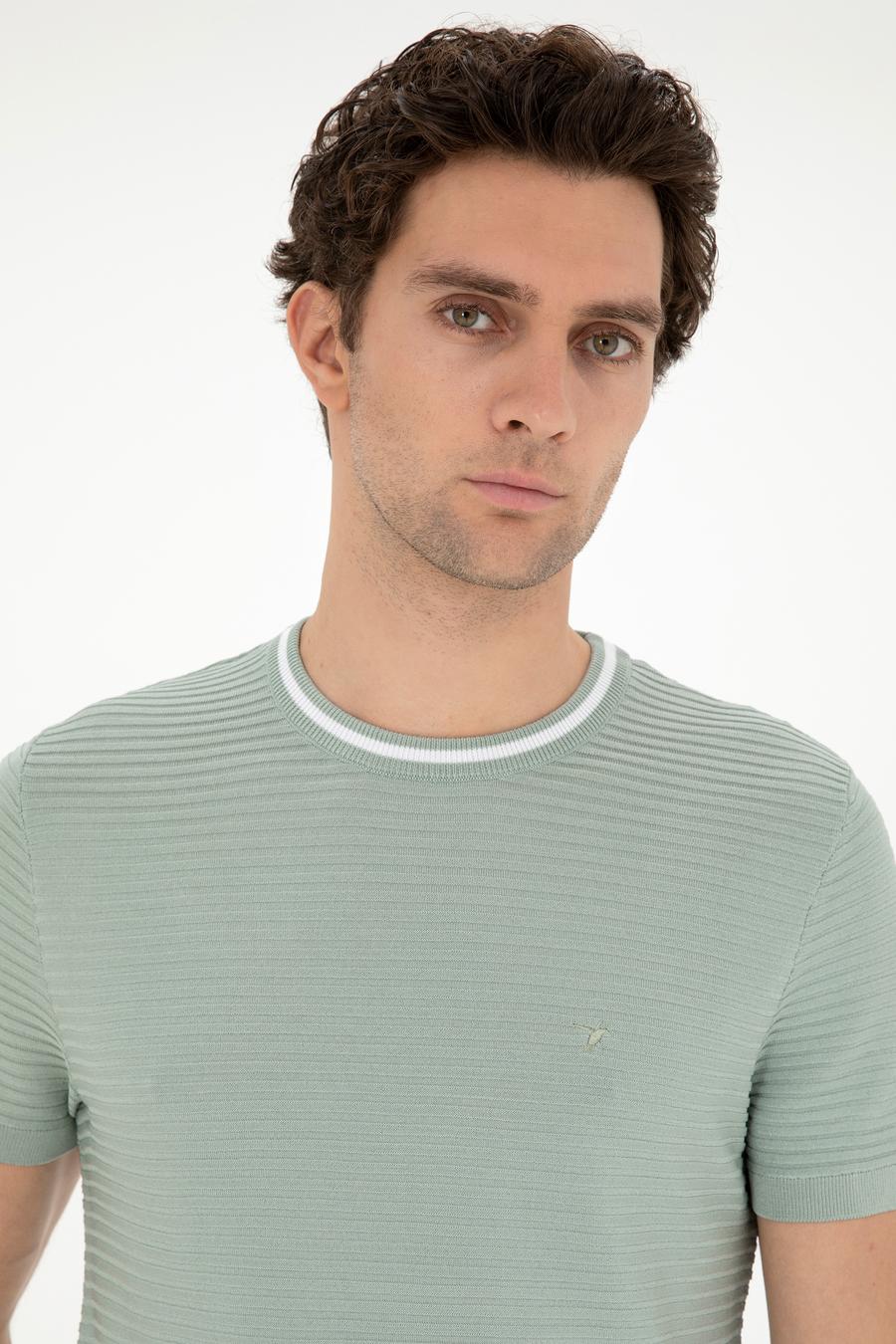 Su Yeşili Slim Fit Bisiklet Yaka Triko T-Shirt - 50285359051