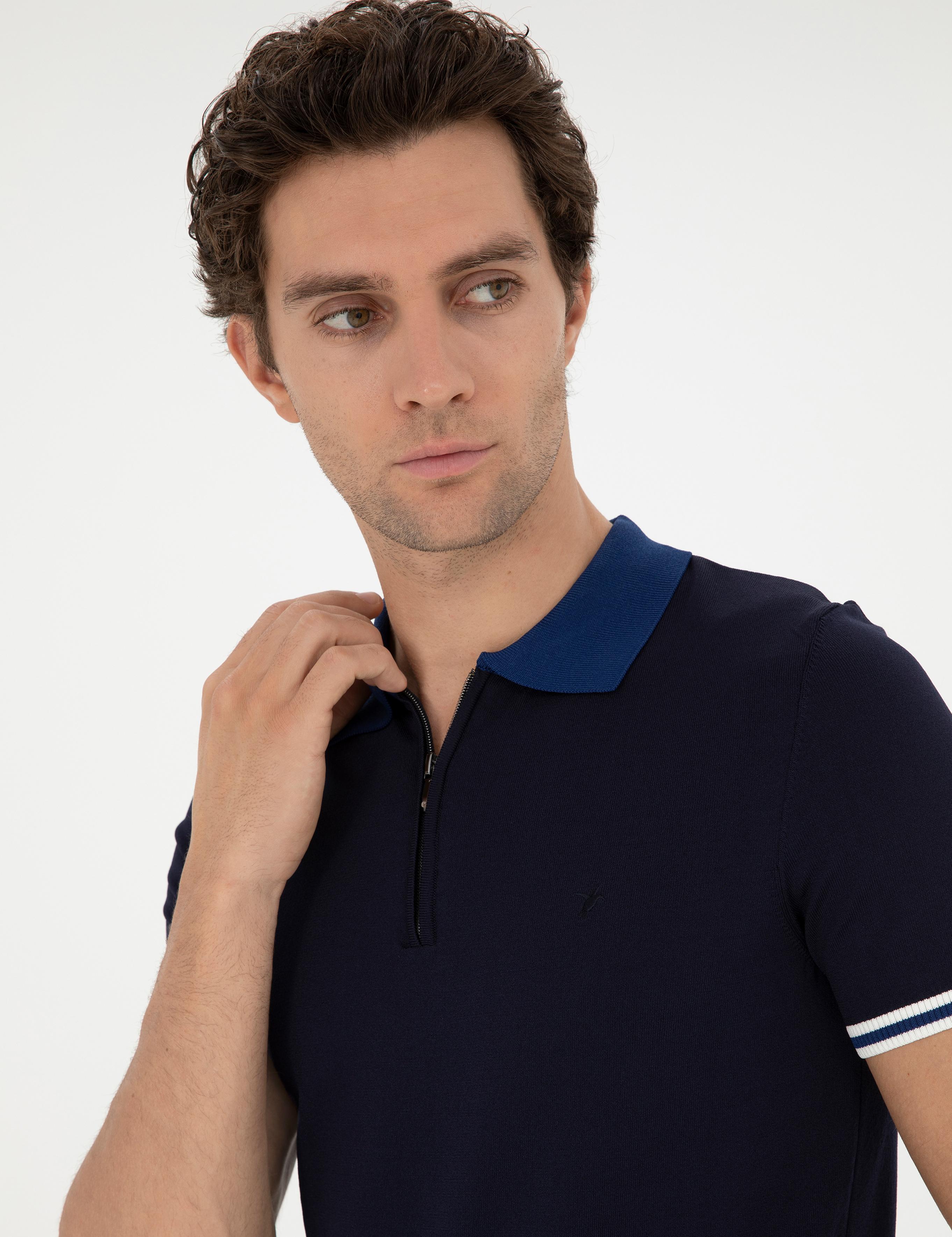 Lacivert Slim Fit Fermuarlı Polo Yaka Triko T-shirt - 50285434097