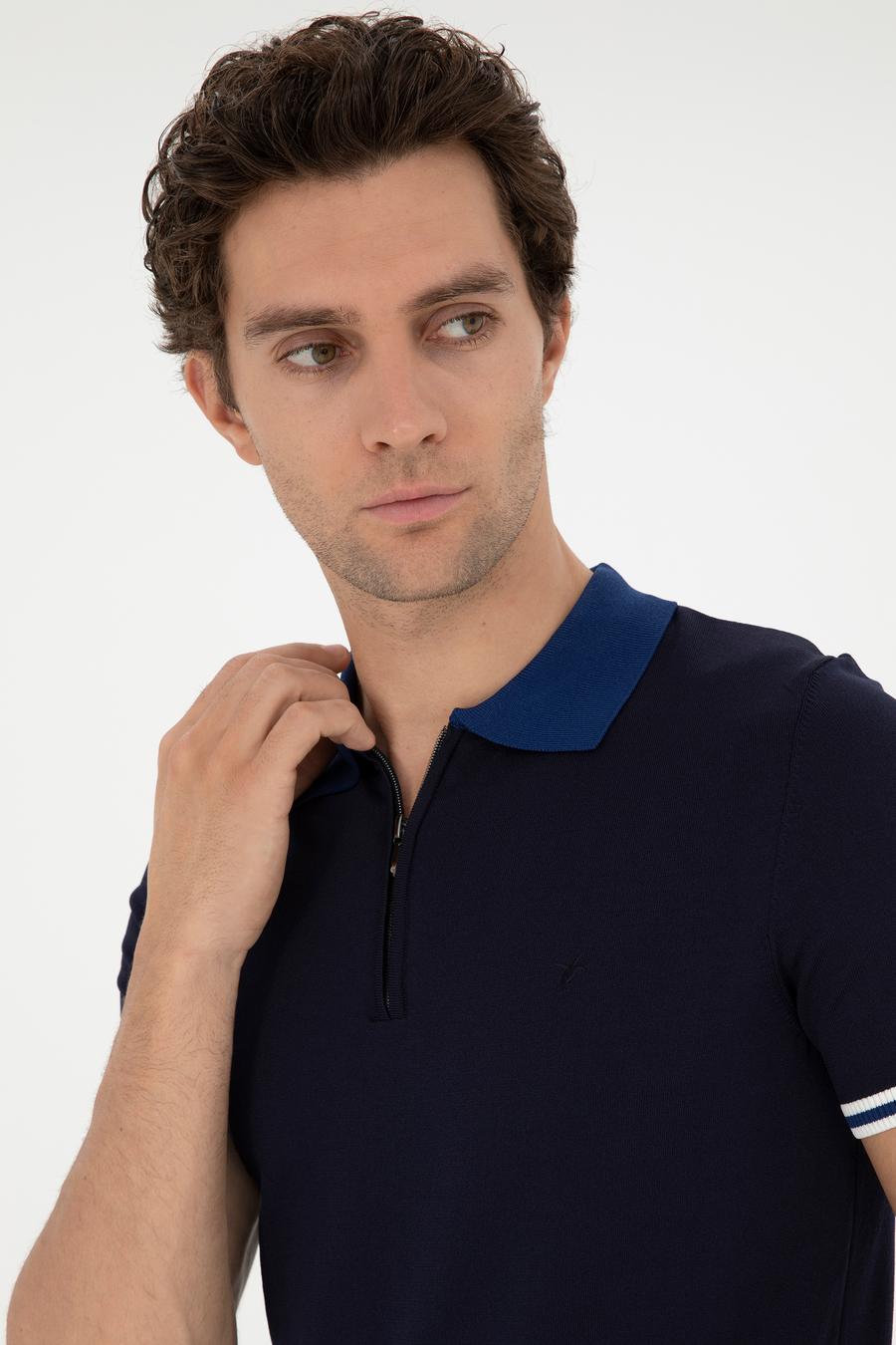 Lacivert Slim Fit Fermuarlı Polo Yaka Triko T-shirt - 50285434097