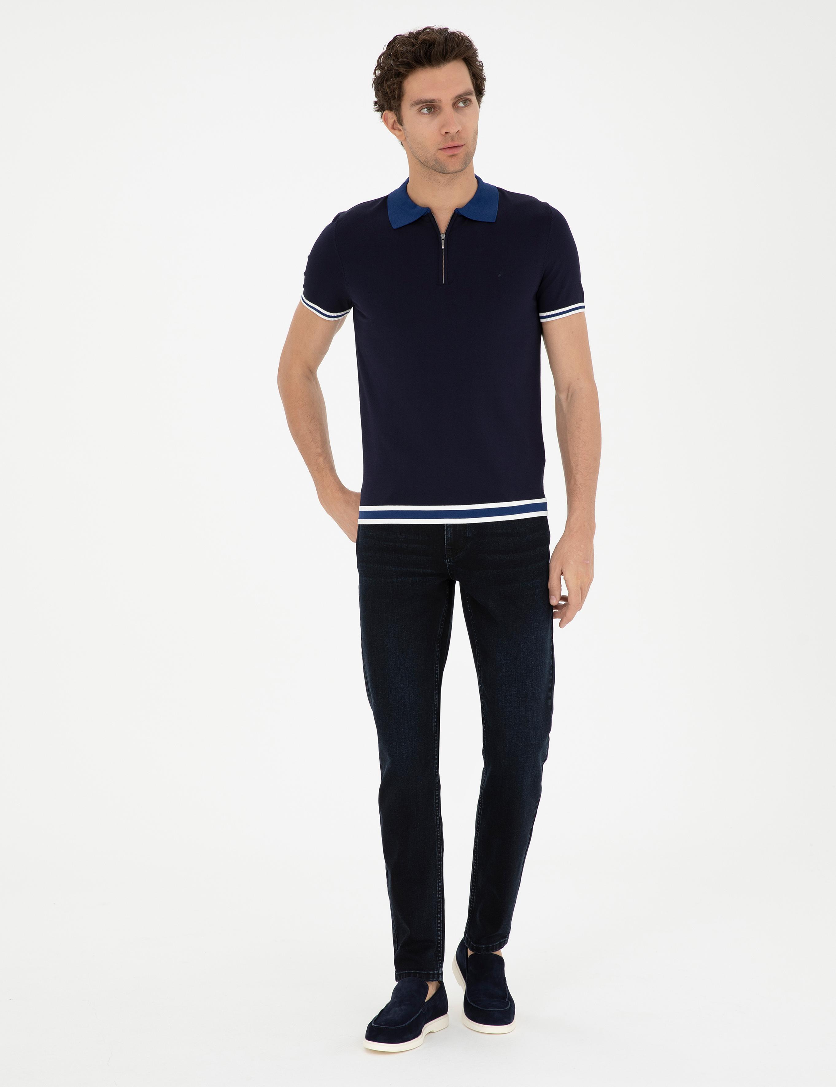 Lacivert Slim Fit Fermuarlı Polo Yaka Triko T-shirt - 50285434097