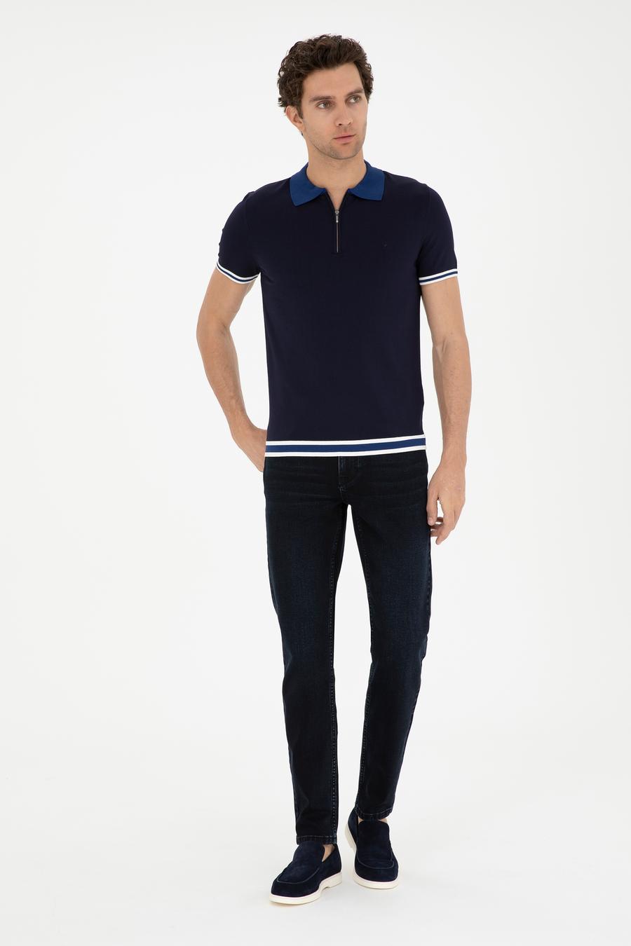 Lacivert Slim Fit Fermuarlı Polo Yaka Triko T-shirt - 50285434097