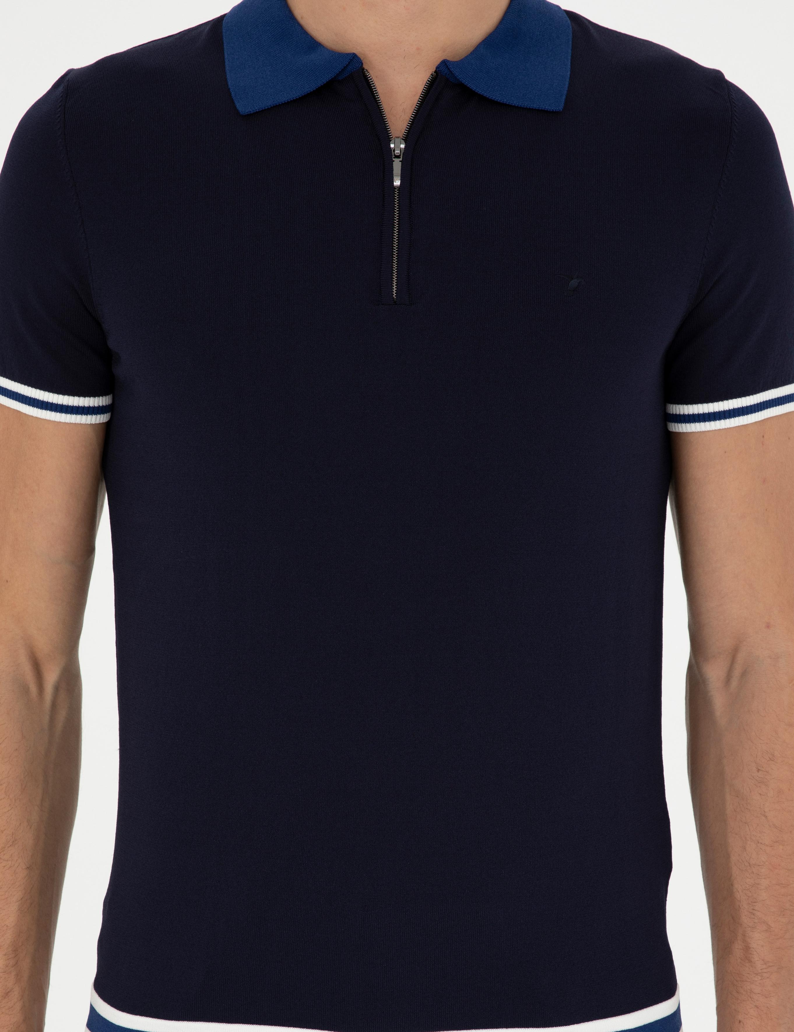 Lacivert Slim Fit Fermuarlı Polo Yaka Triko T-shirt - 50285434097