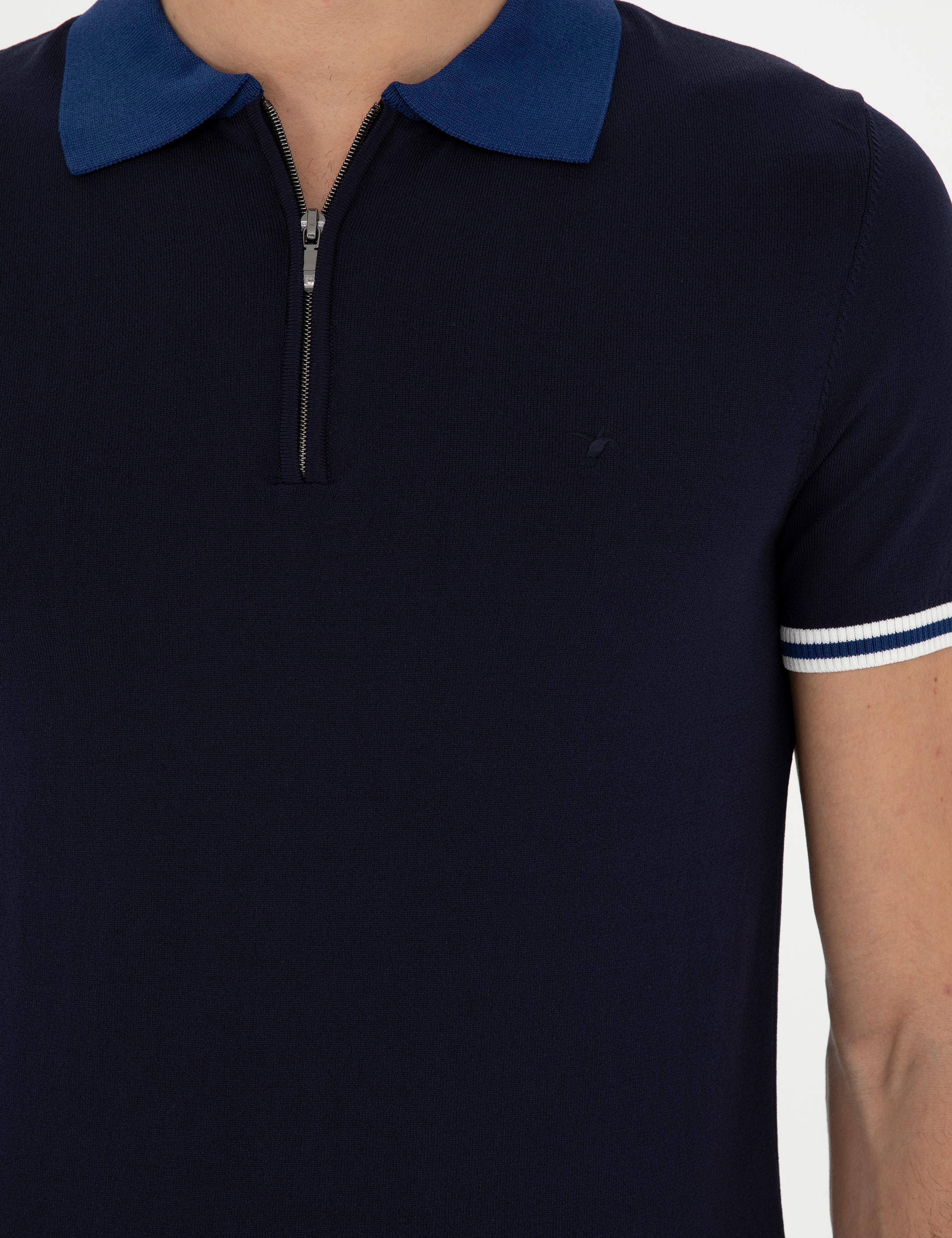 Lacivert Slim Fit Fermuarlı Polo Yaka Triko T-shirt - 50285434097